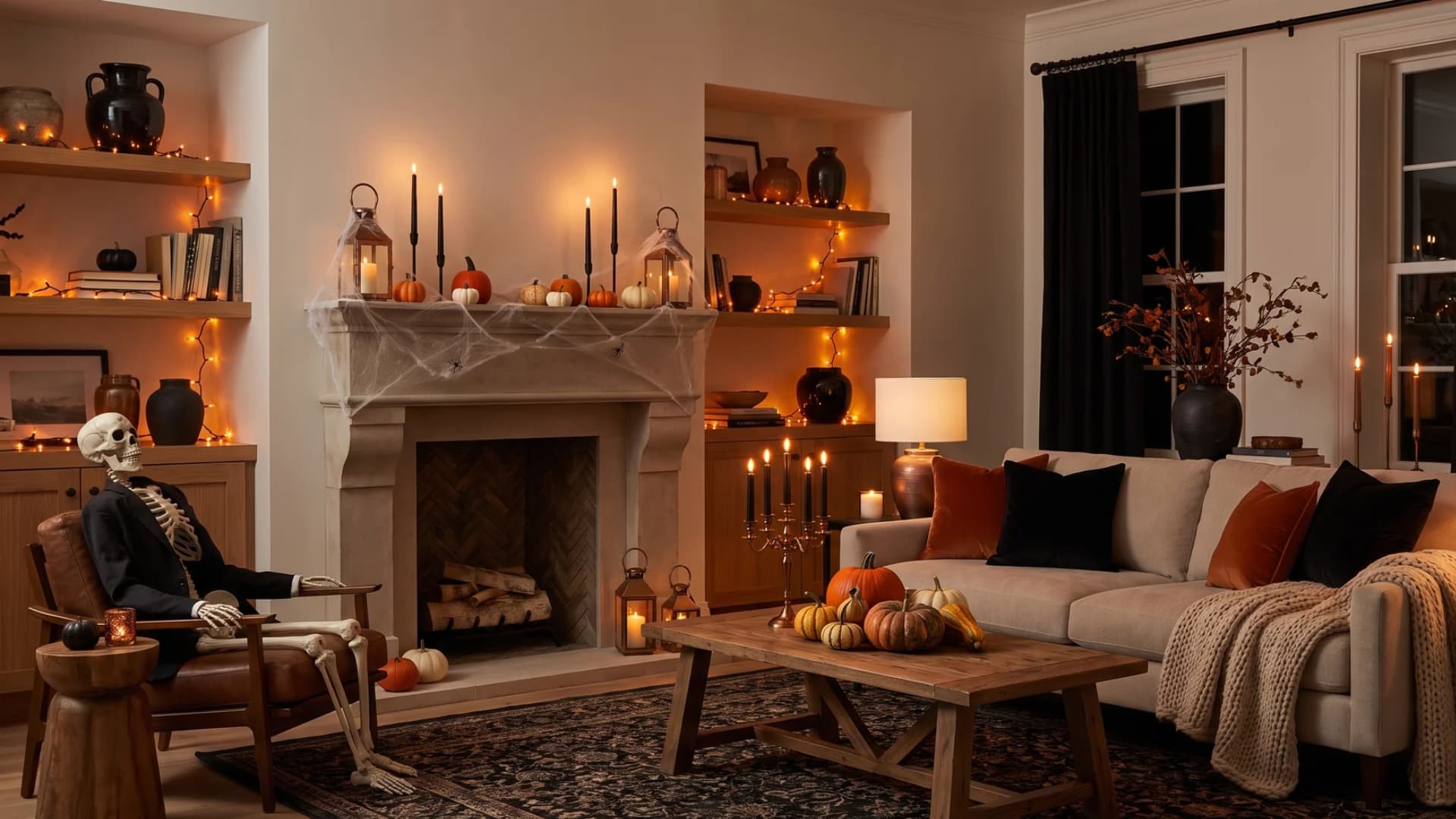 Modern living room decorated with warm Halloween lighting, pumpkins on the coffee table, and cozy autumnal accent pillows.