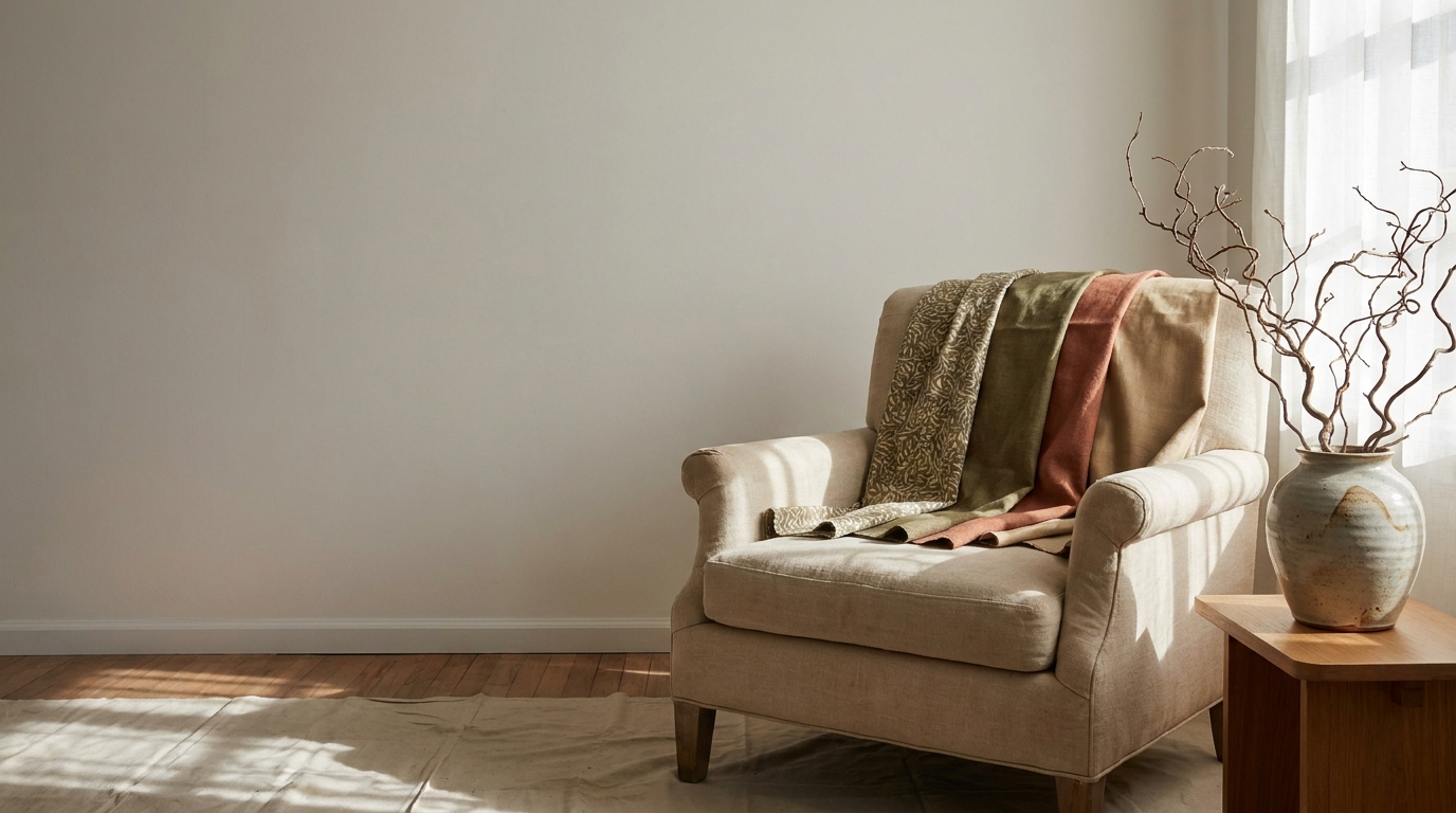 Beige armchair with patterned throws next to vase of twigs in sunlit room