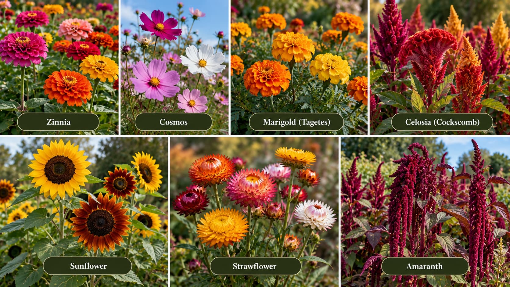 A multi-panel collage featuring long-blooming annuals and cut flowers, including Zinnia, Cosmos, Marigold, Celosia, Sunflower, Strawflower, and Amaranth