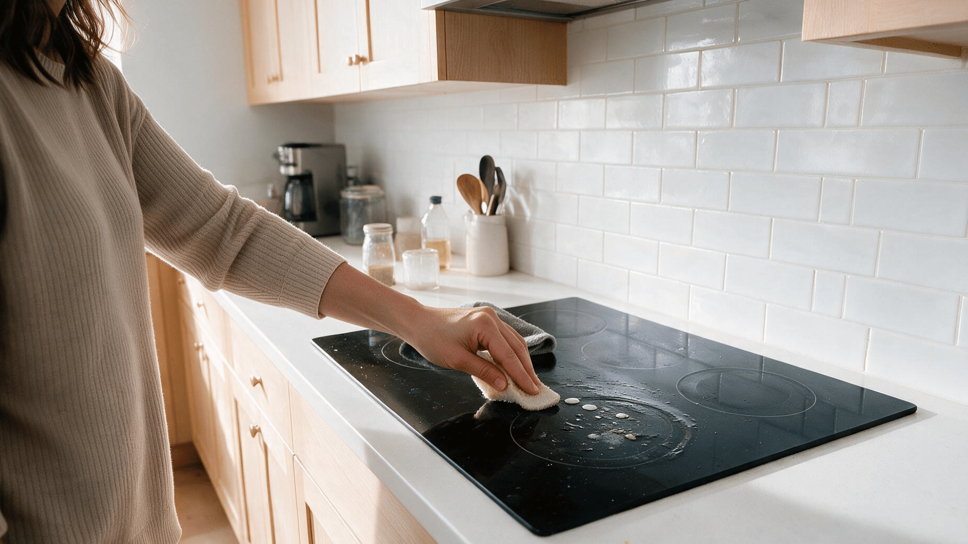 hand loosening dried food on a glass stove top with a soft nonabrasive cleaning pad