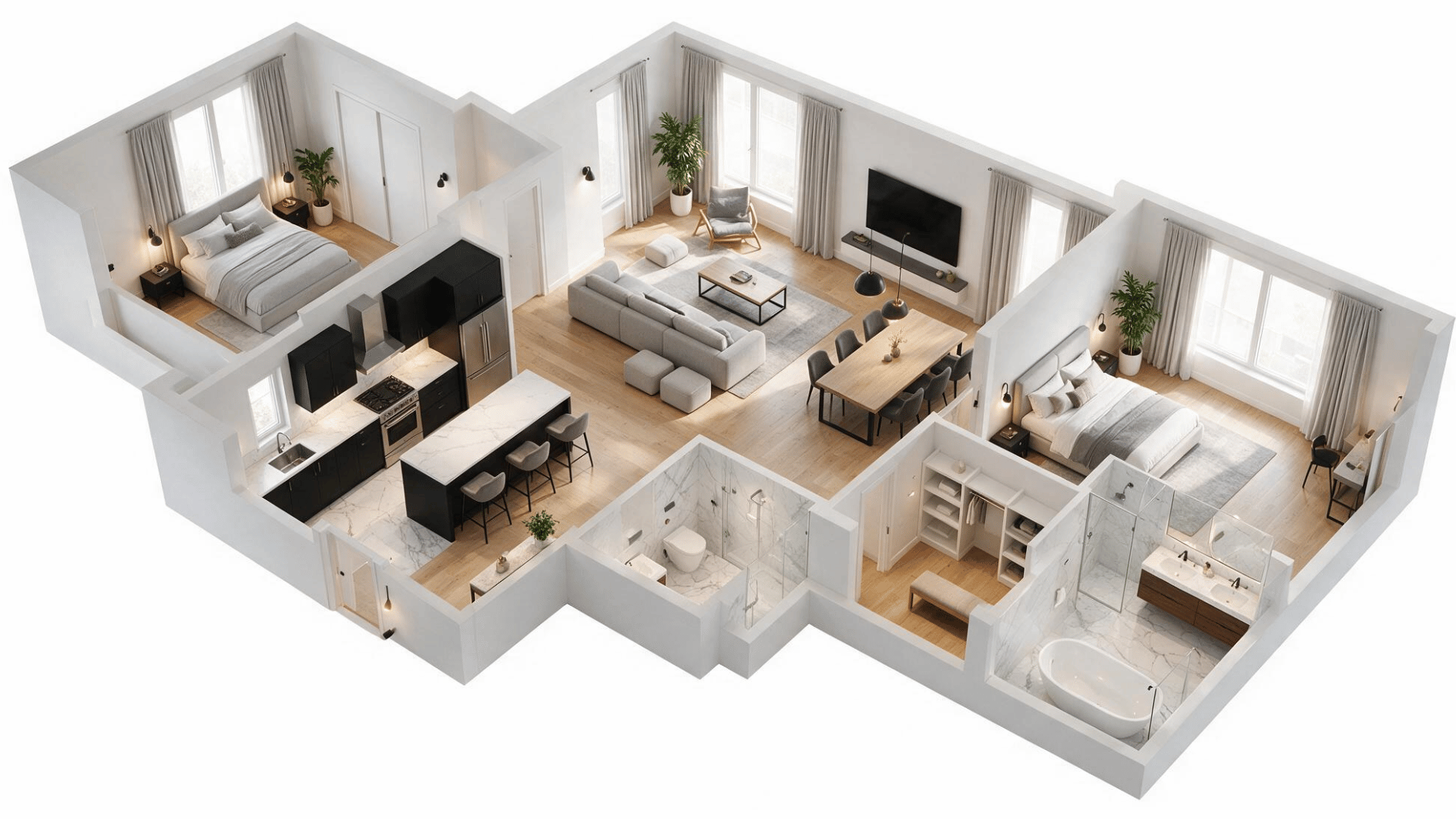 luxury 2 bedroom apartment floor plan with clear entry spacious rooms windows and easy circulation