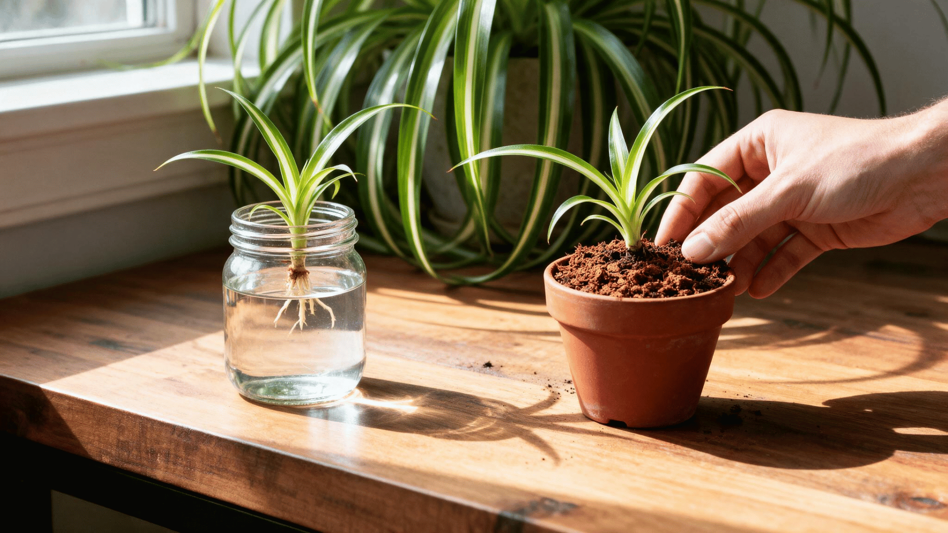 new spider plant baby in bright indirect light with moist soil and a water jar on a calm indoor plant shelf nearby