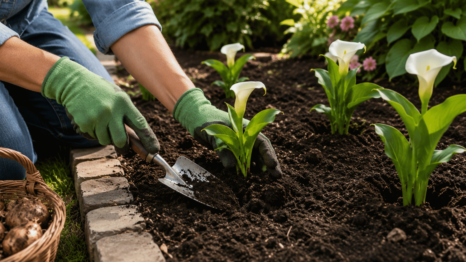healthy calla lily plant in full bloom with white spathe and green leaves in a garden