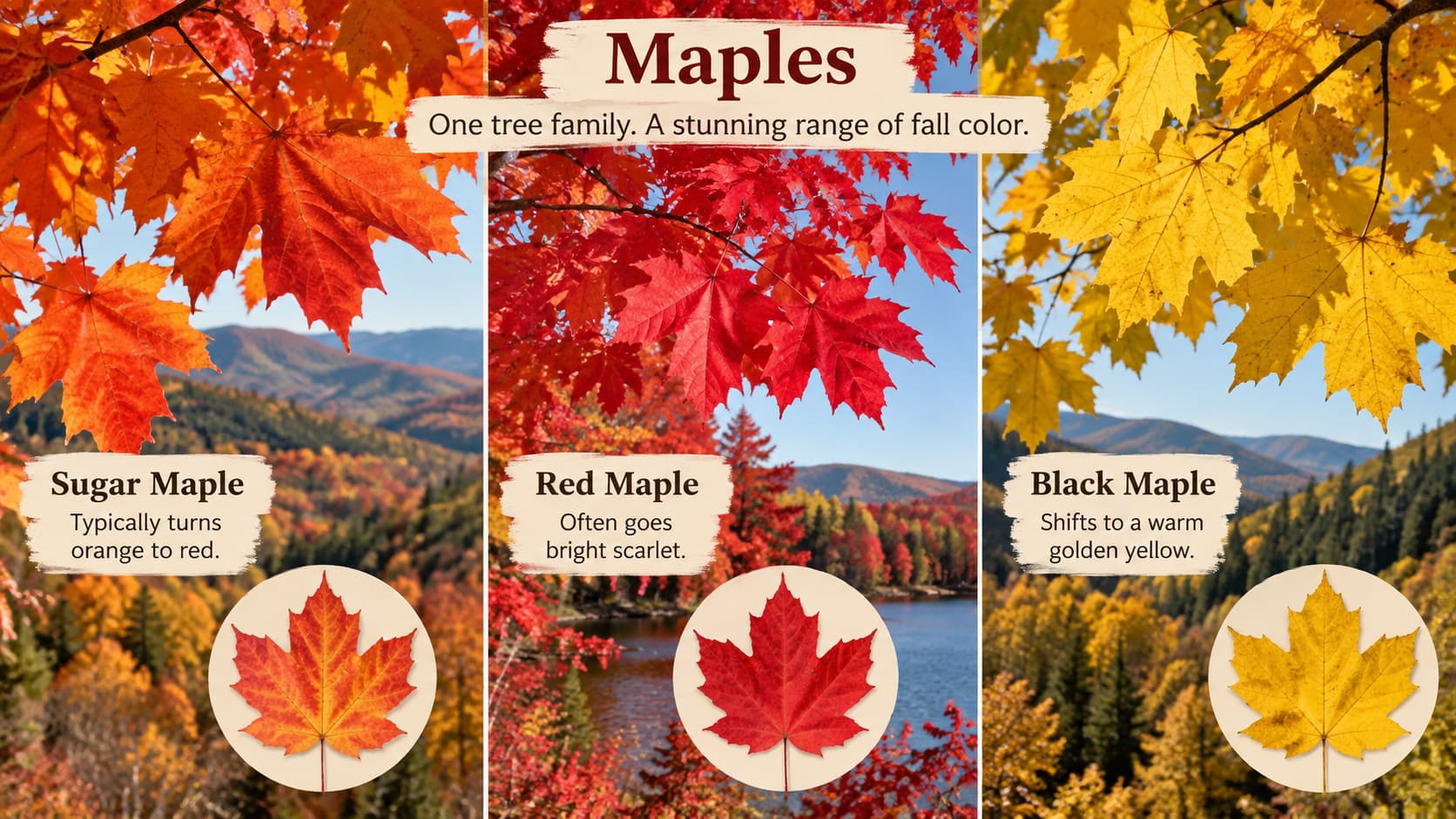 A three-panel infographic displaying orange sugar maple leaves, bright scarlet red maple leaves, and warm golden-yellow black maple leaves.