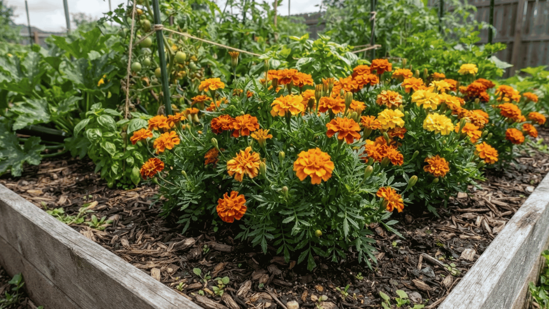 marigold flowers planted along the border of a vegetable bed