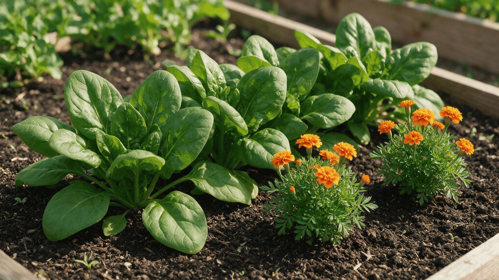 spinach growing beside blooming orange marigolds in a raised bed