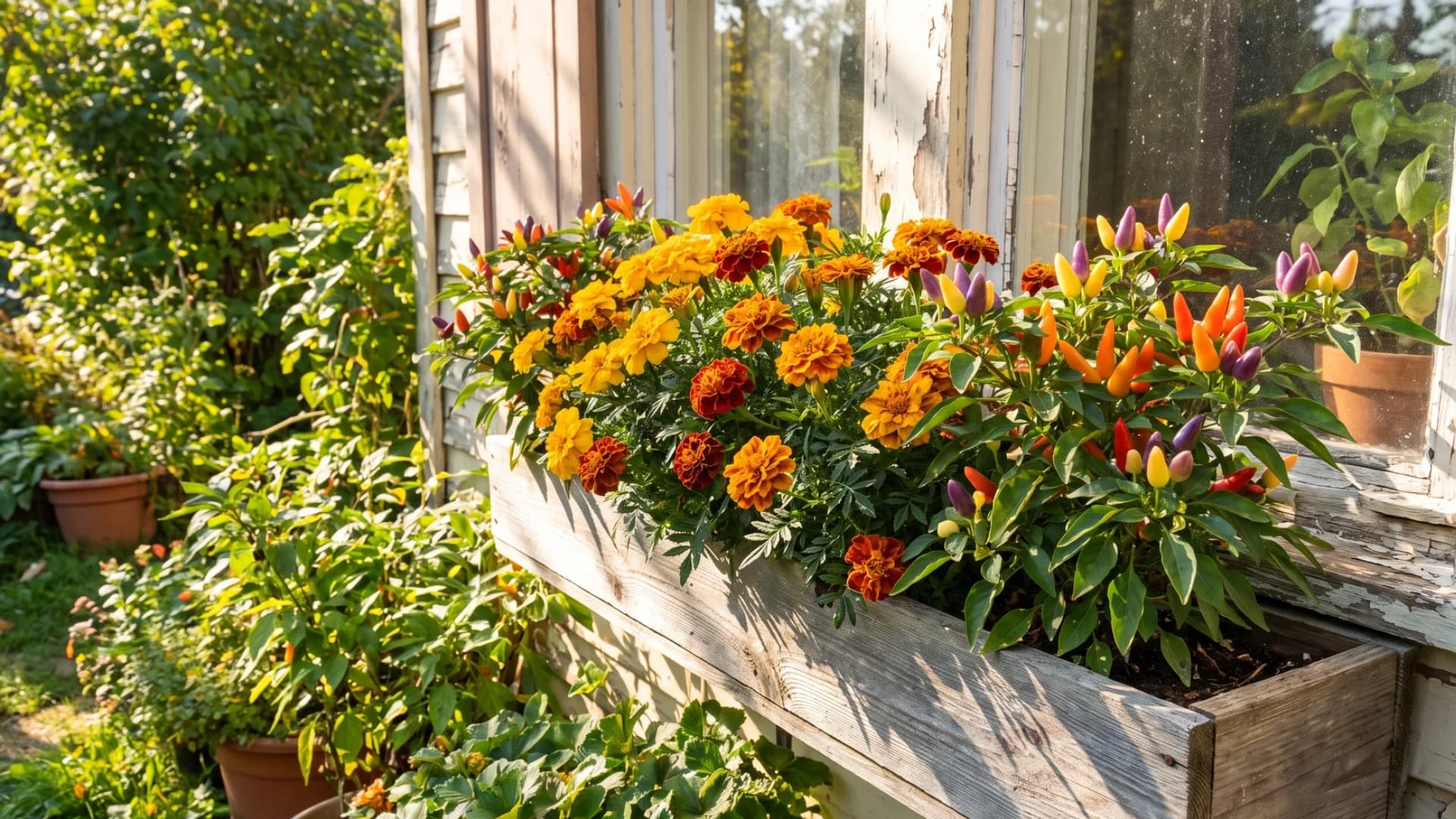 Orange marigolds and colorful ornamental peppers growing in a sunny window box.