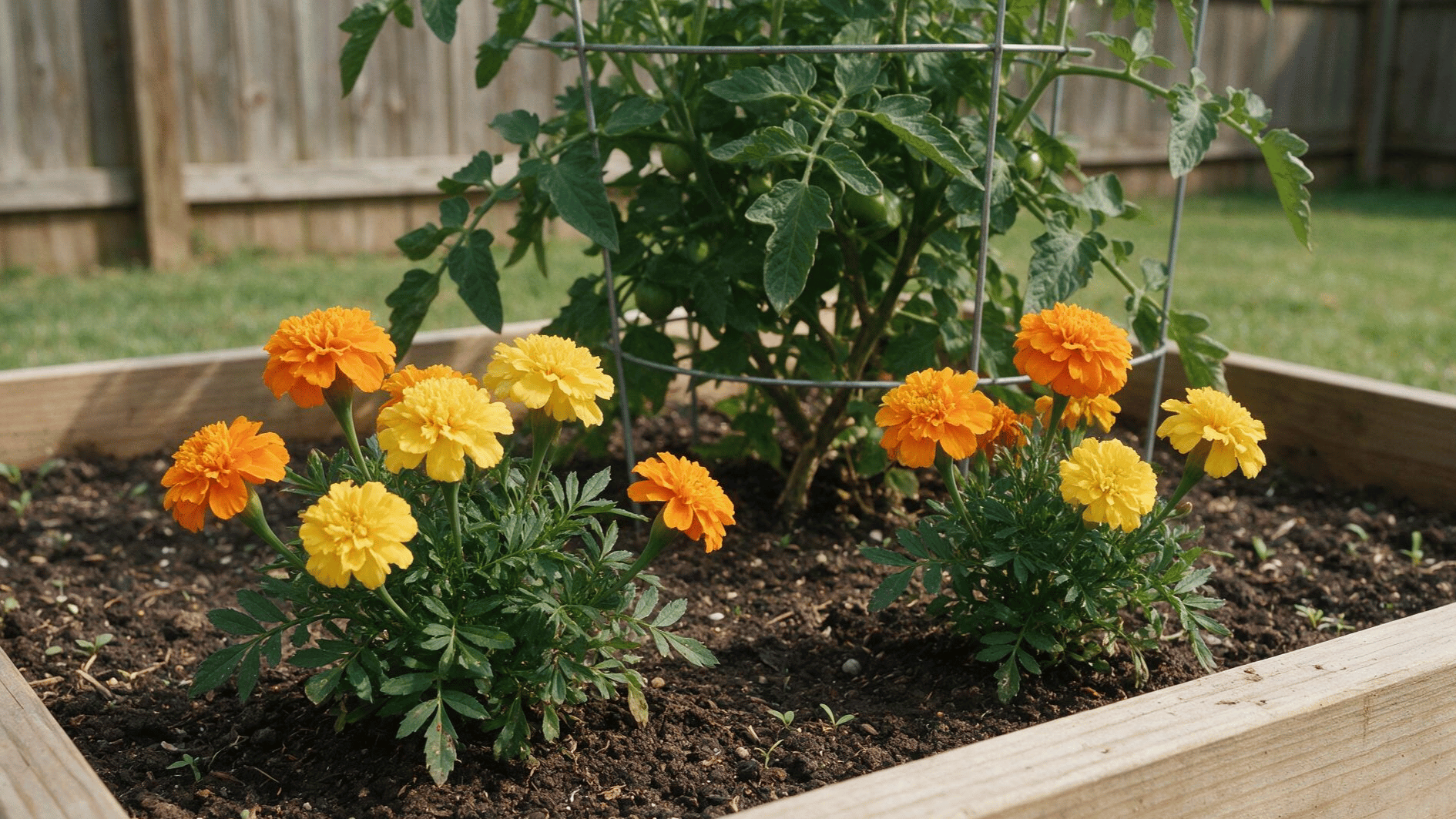 orange and yellow marigolds growing along the edge of a raised bed with tomato plants