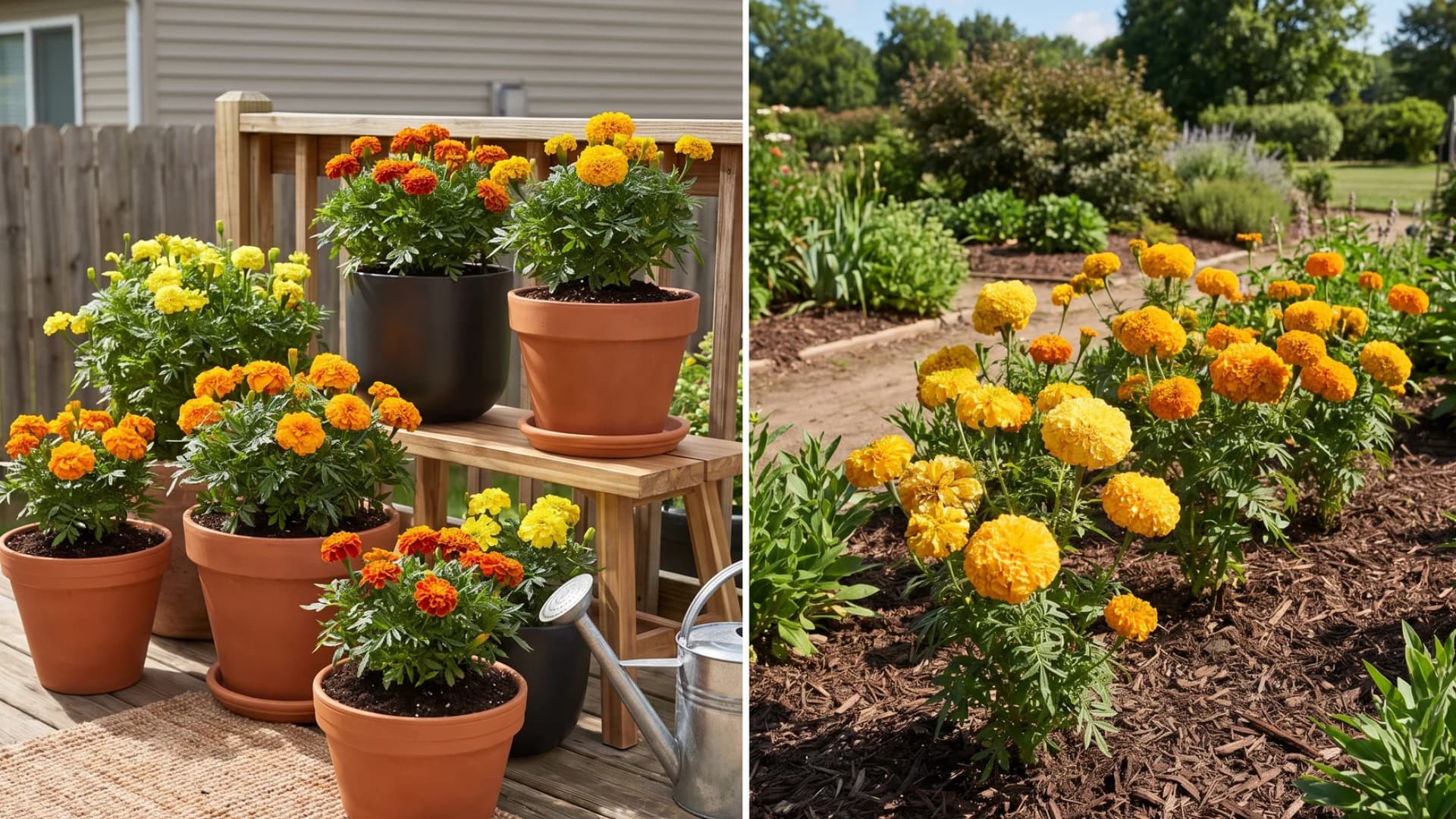 Side-by-side comparison of marigolds planted in terra-cotta pots versus open garden beds.