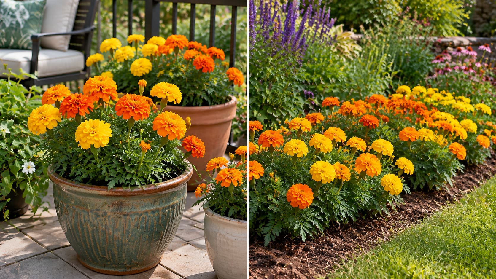 Side-by-side view comparing potted yellow marigolds on a patio and marigolds growing along a garden bed.