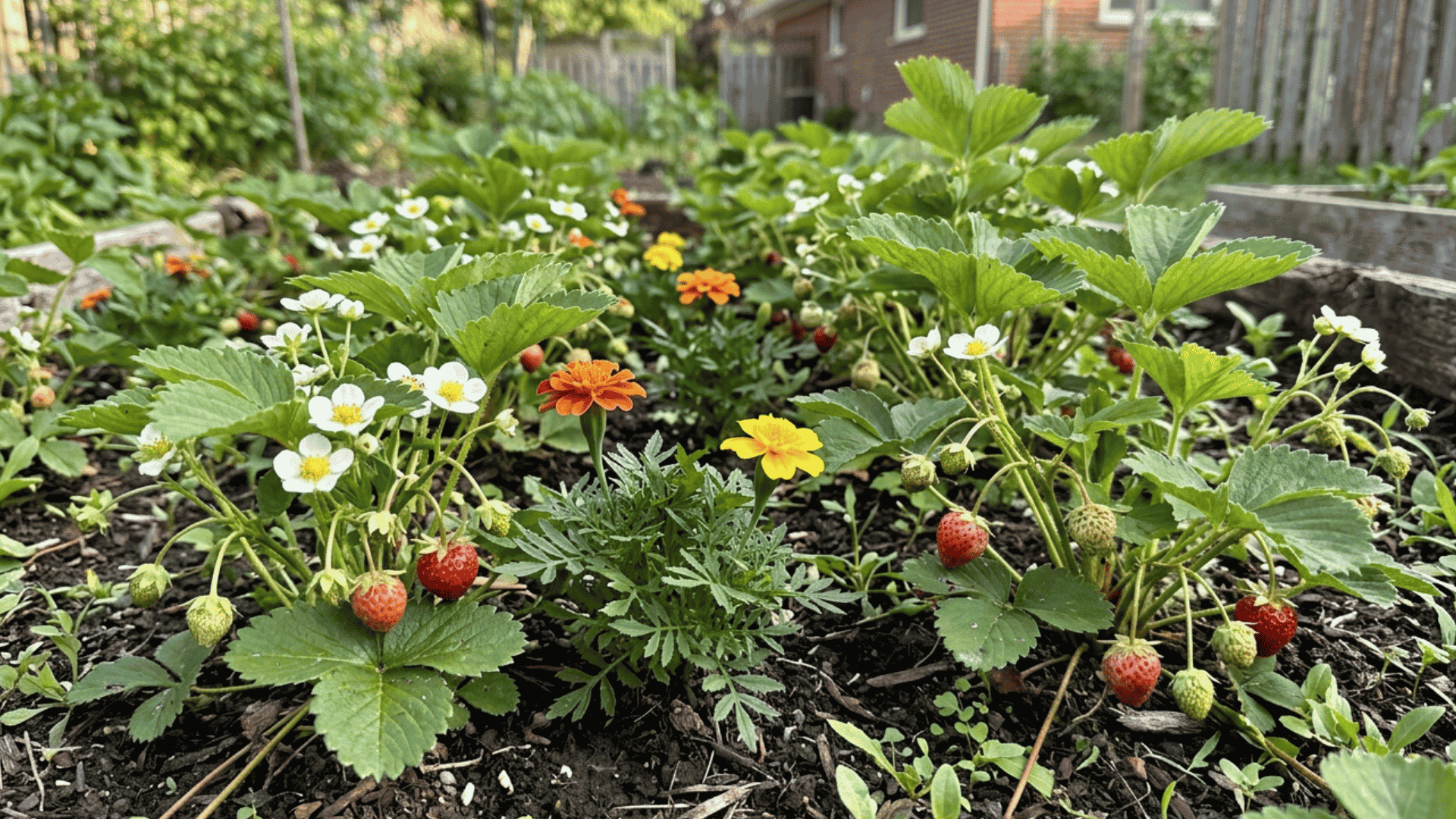 compact marigolds flowering beside strawberry plants with ripe fruit in a natural backyard garden bed