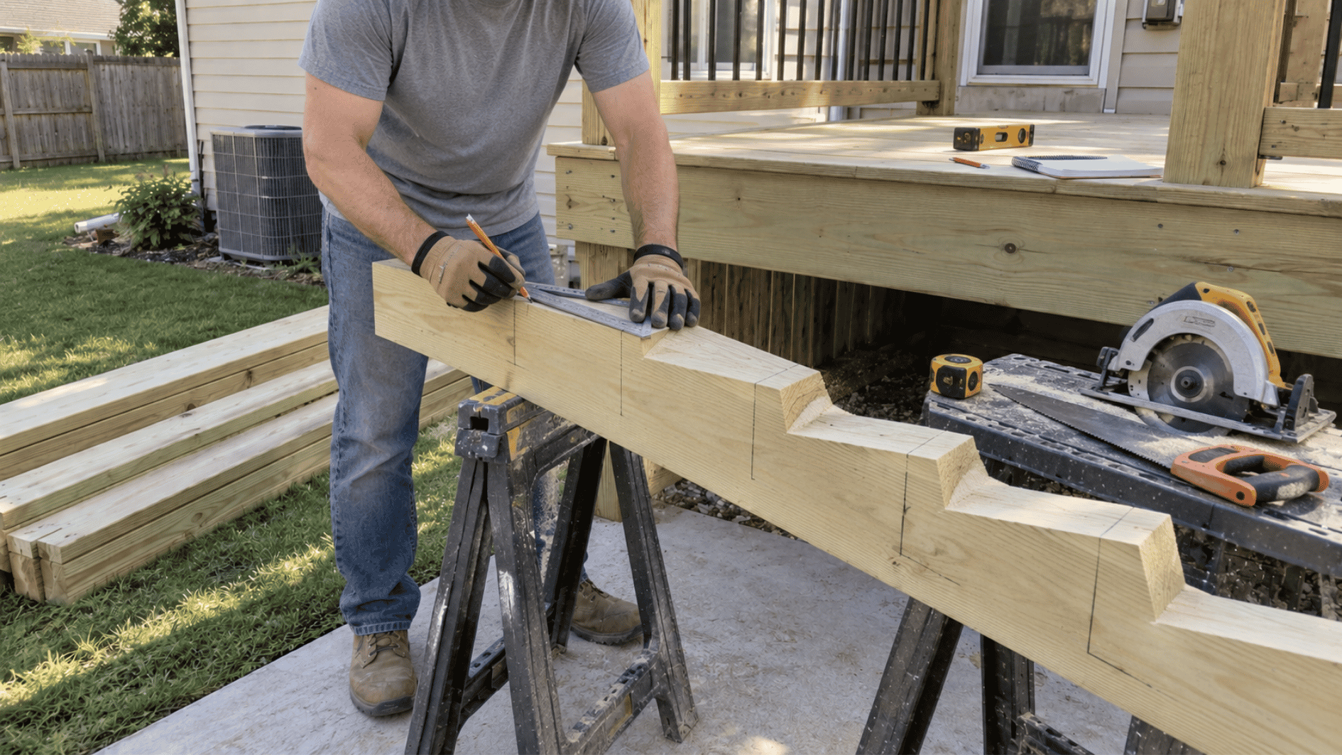 diy builder marking stair rise and tread cuts on a pressure-treated stringer with a framing square
