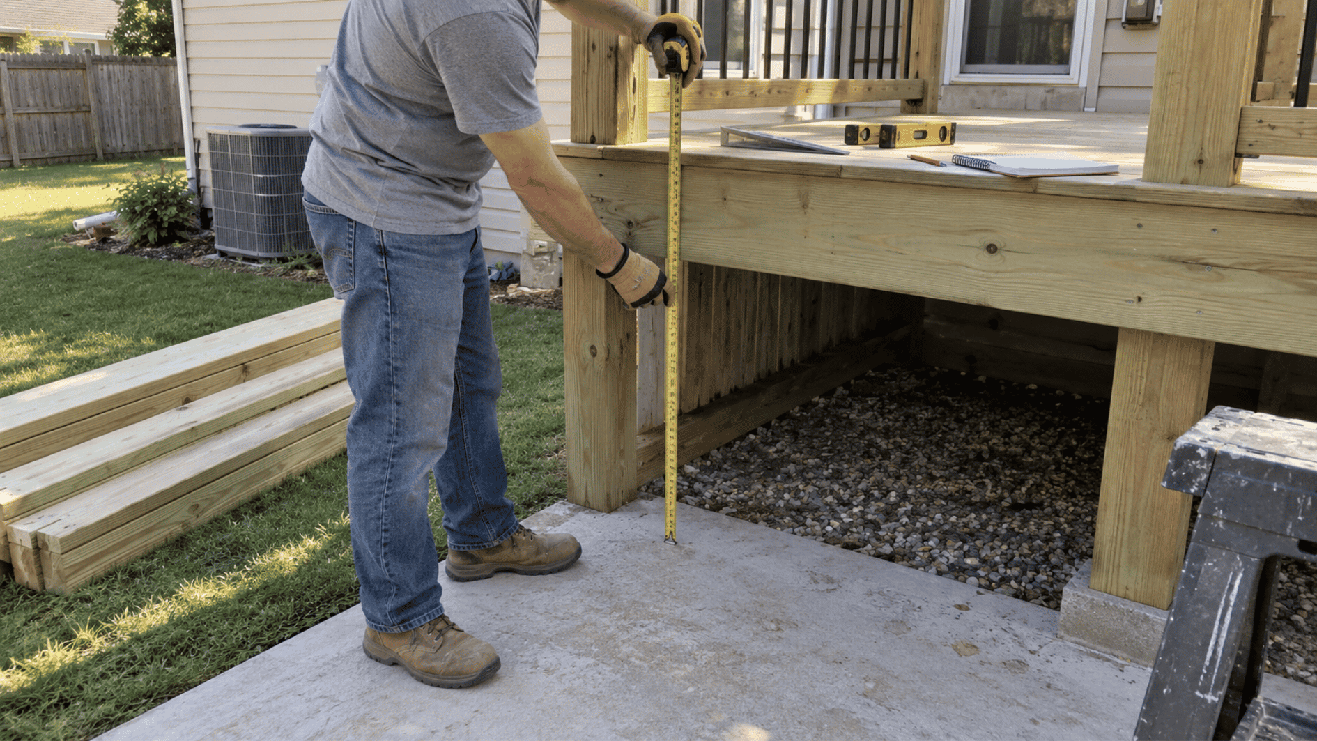 adult measuring the total rise from a wood deck to the landing before building deck stairs