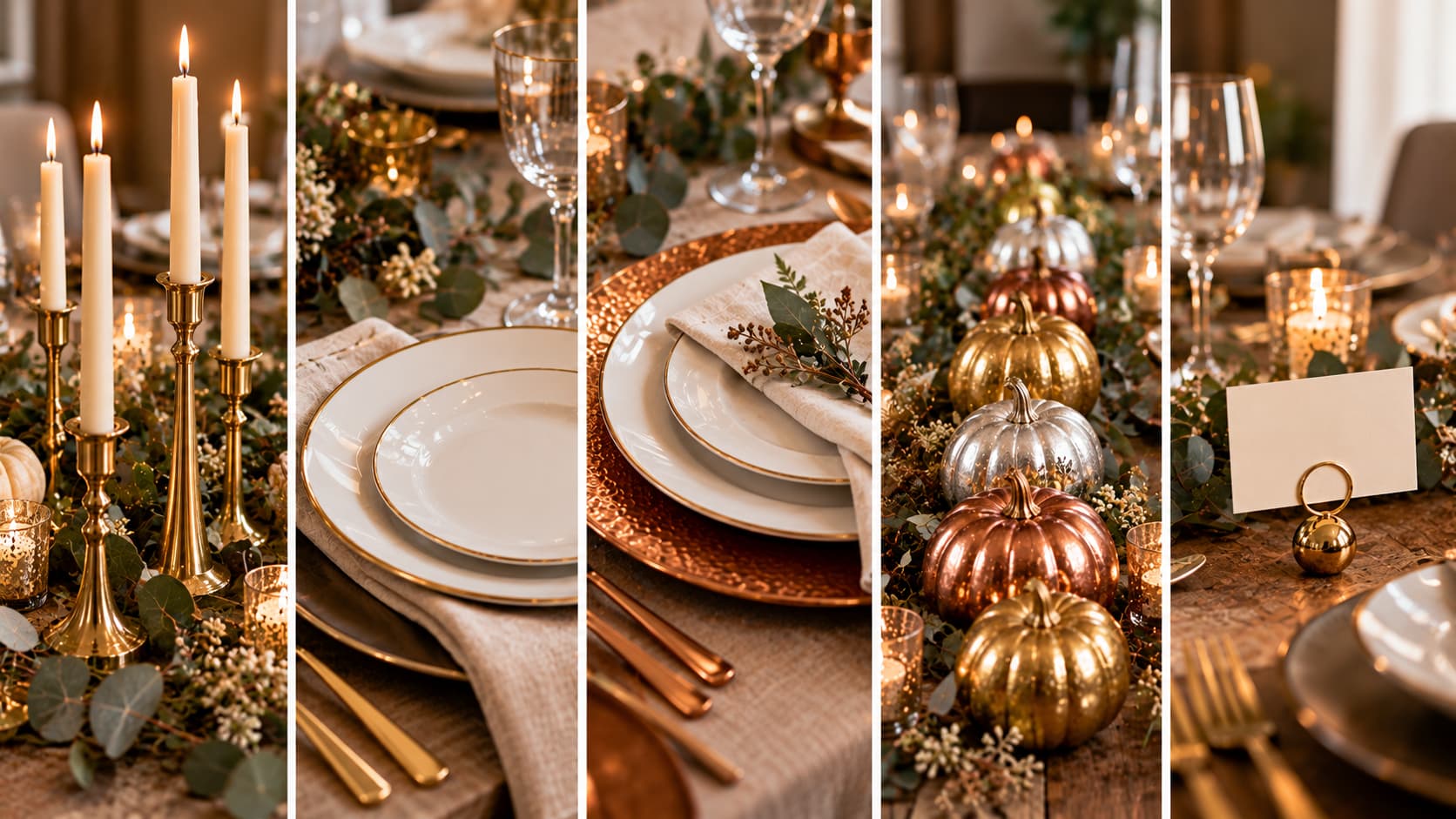 Five-panel collage of metallic and gold Thanksgiving table decor: brass candlesticks, gold-rimmed plates, copper chargers, painted pumpkins, and place card holders.