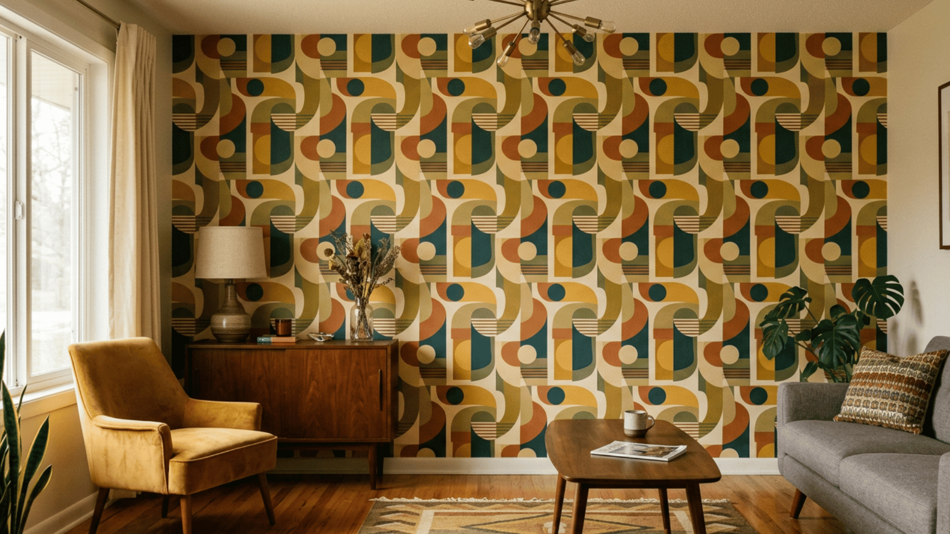 metallic accent wallpaper with subtle reflective gold details catching light across a sophisticated feature wall
