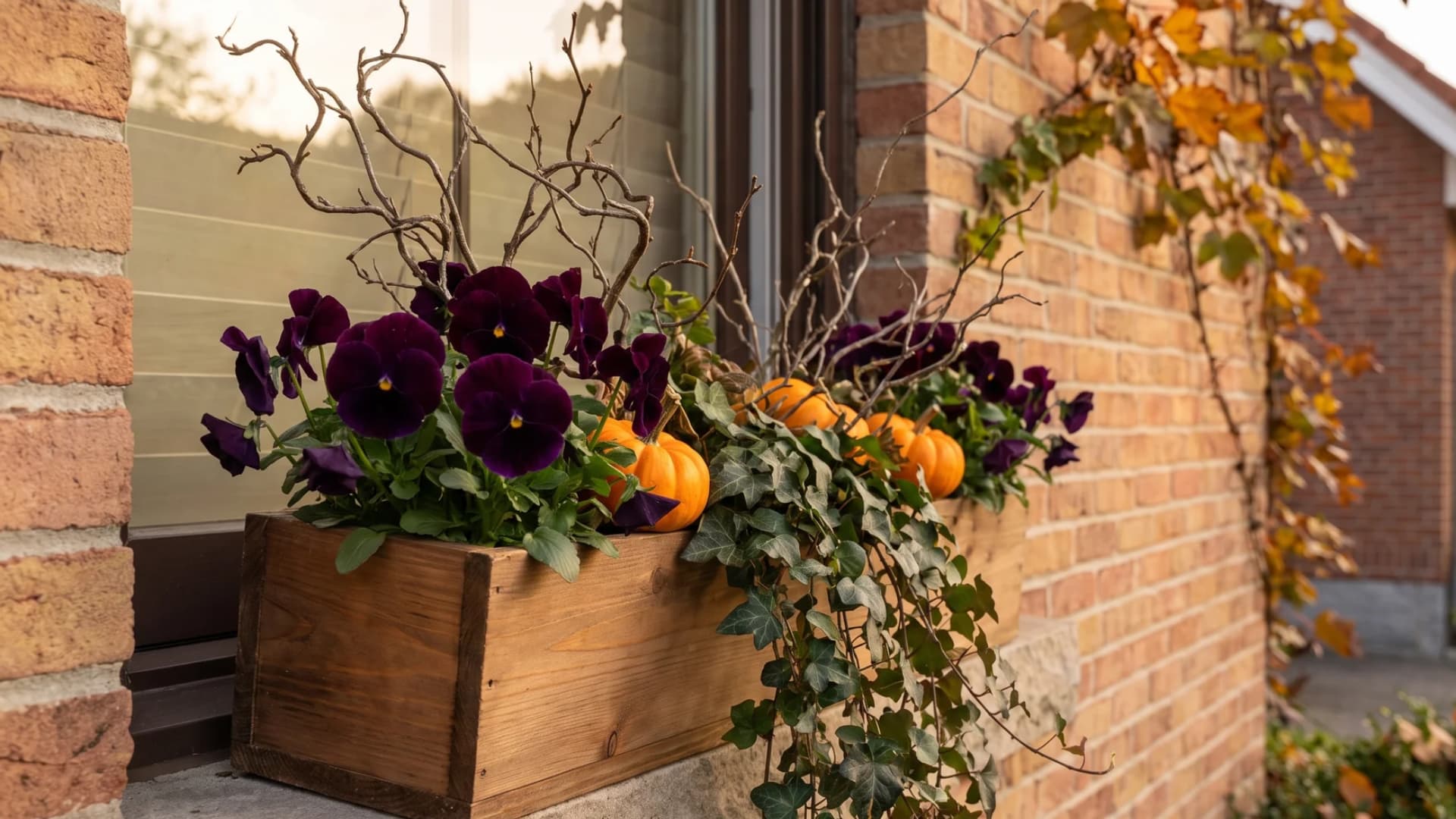 Deep purple pansies and mini pumpkins creating a Halloween fall window box.