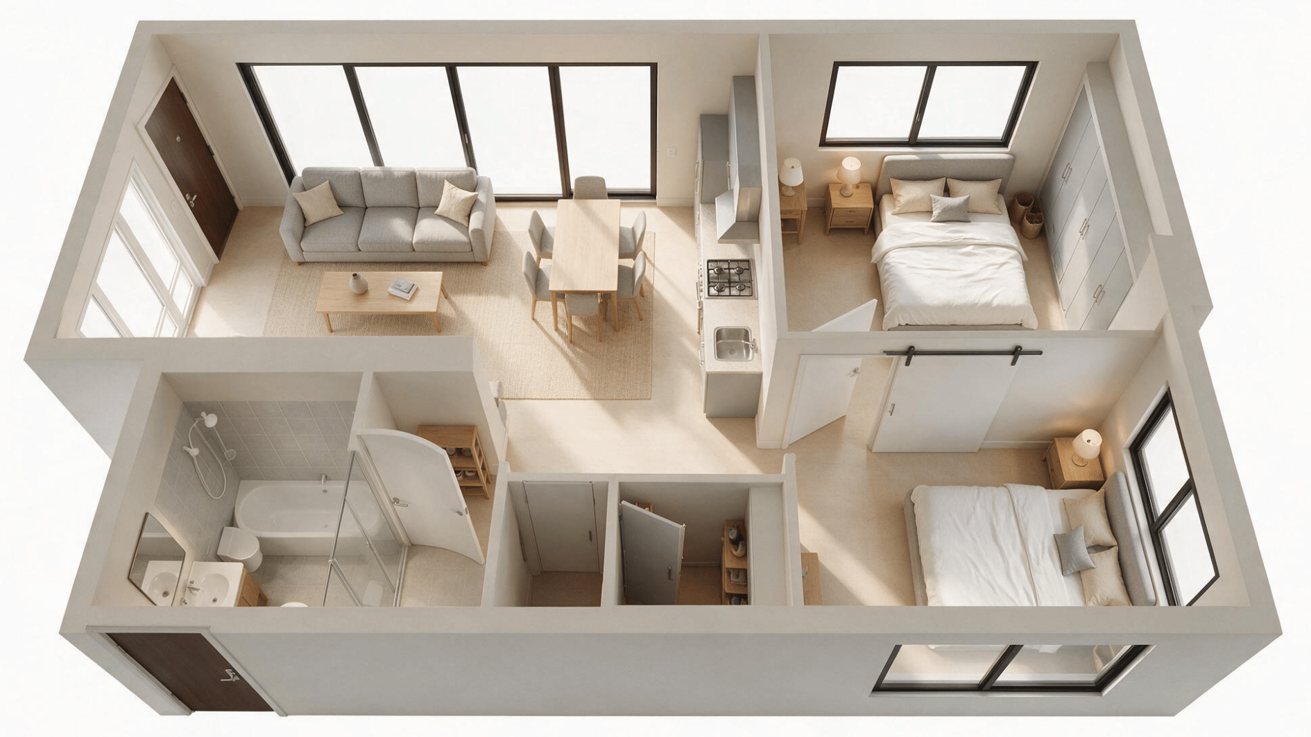 minimalist 2 bedroom apartment layout with simple furniture clear rooms doors and circulation