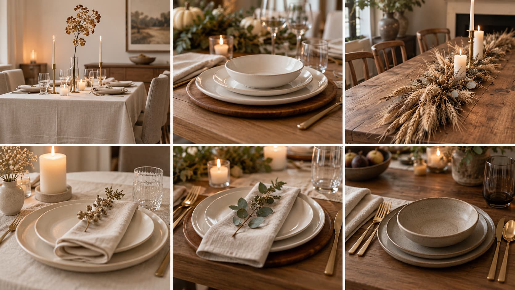 Six-panel collage featuring minimalist Thanksgiving table decor, including cream tablecloths, dried grass runners, stoneware settings, and subtle candle lighting.