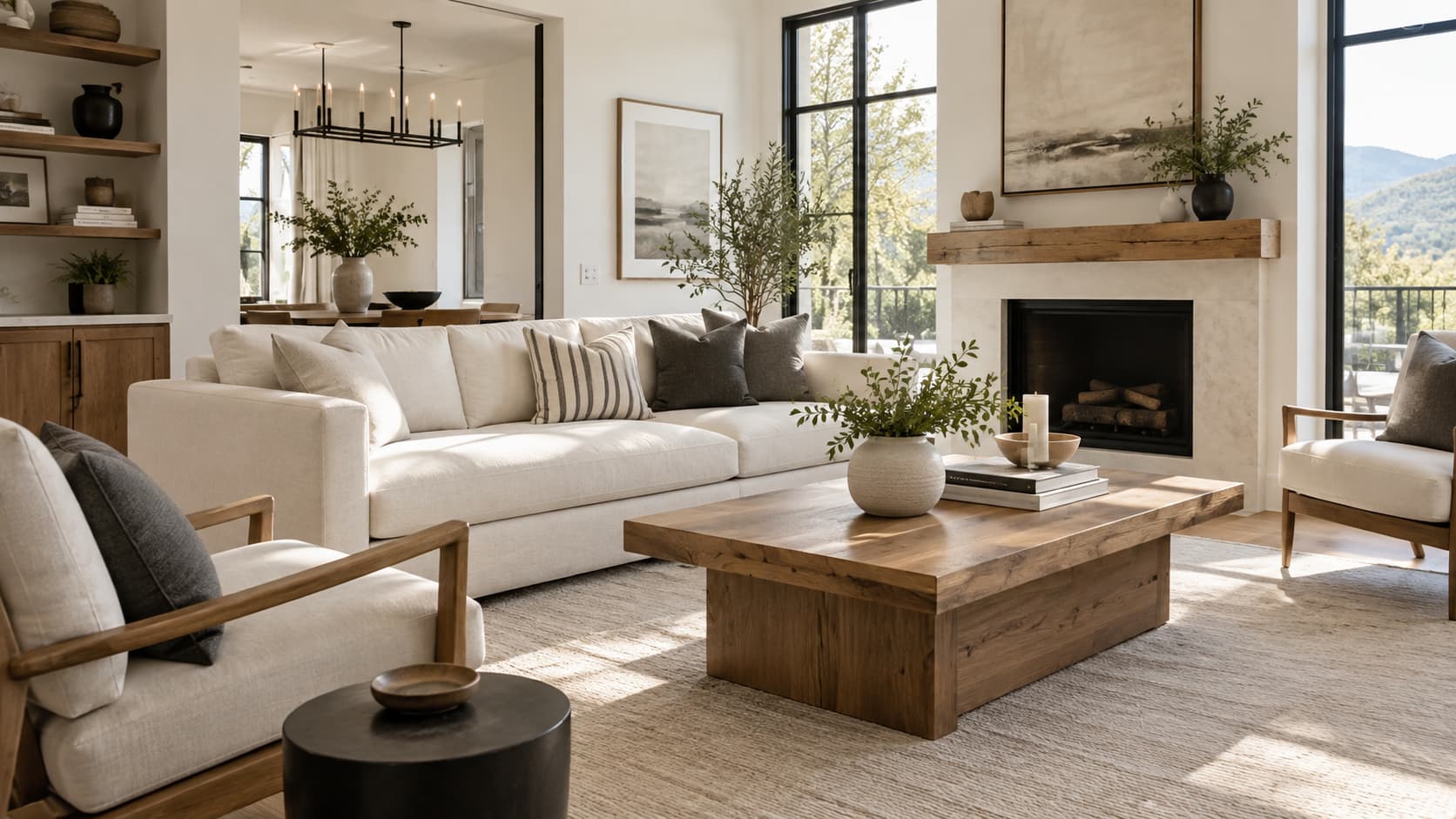 Modern farmhouse living room with clean-lined sofa, matte black accents, and light wood furniture