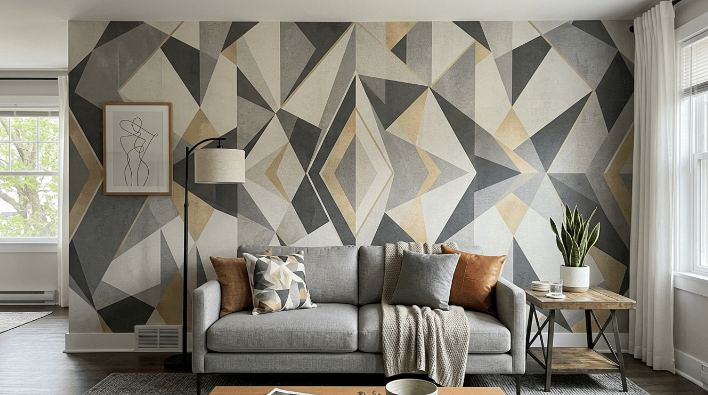 modern geometric wallpaper with crisp repeating lines and shapes creating a clean contemporary accent wall