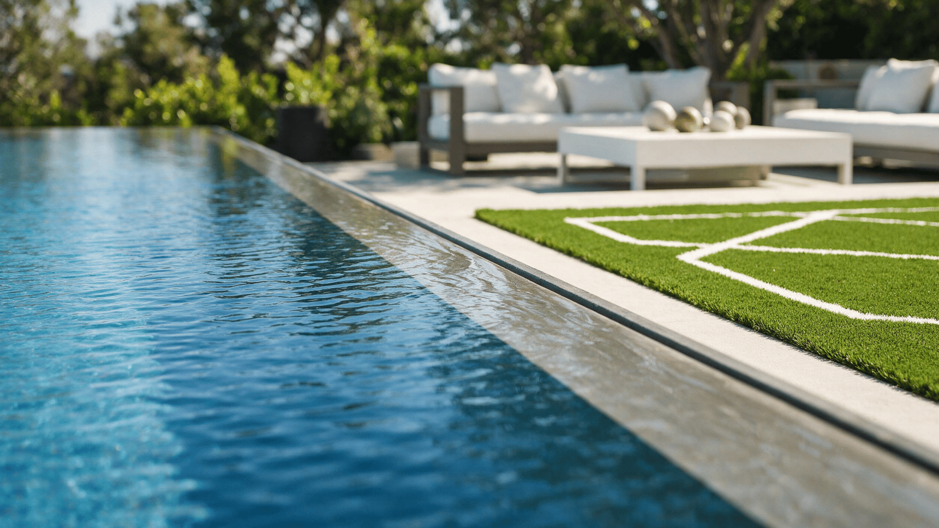 modern infinity pool beside an outdoor lounge area with green turf and surrounding garden in bright daylight