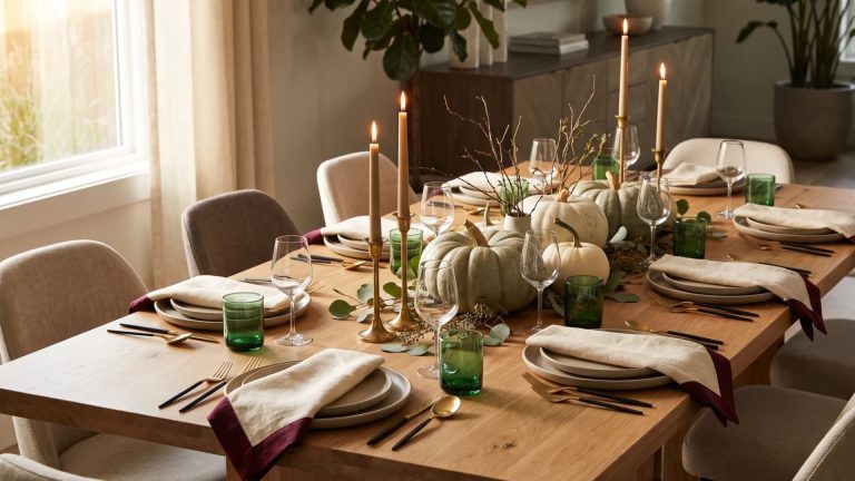 Modern Thanksgiving dining table setup featuring white pumpkins, tall taper candles, green glassware, and natural greenery centerpieces.