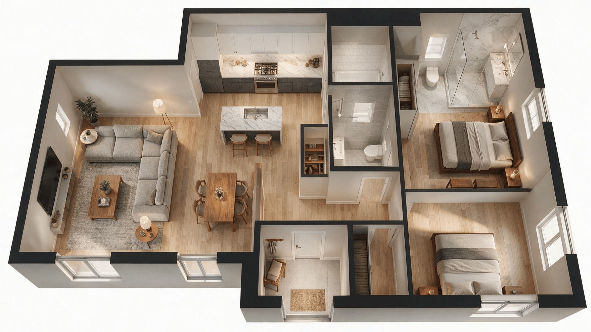 modern 2 bedroom apartment layout with clear entry large windows and well defined shared spaces
