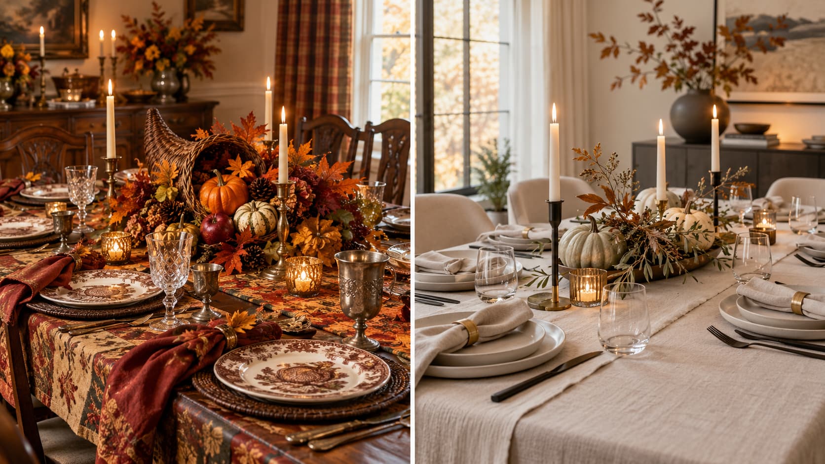Five-panel collage of small-space Thanksgiving table decor: low floral centerpiece, tall taper candles, pumpkin place card, narrow table runner, and a tiered dessert stand.