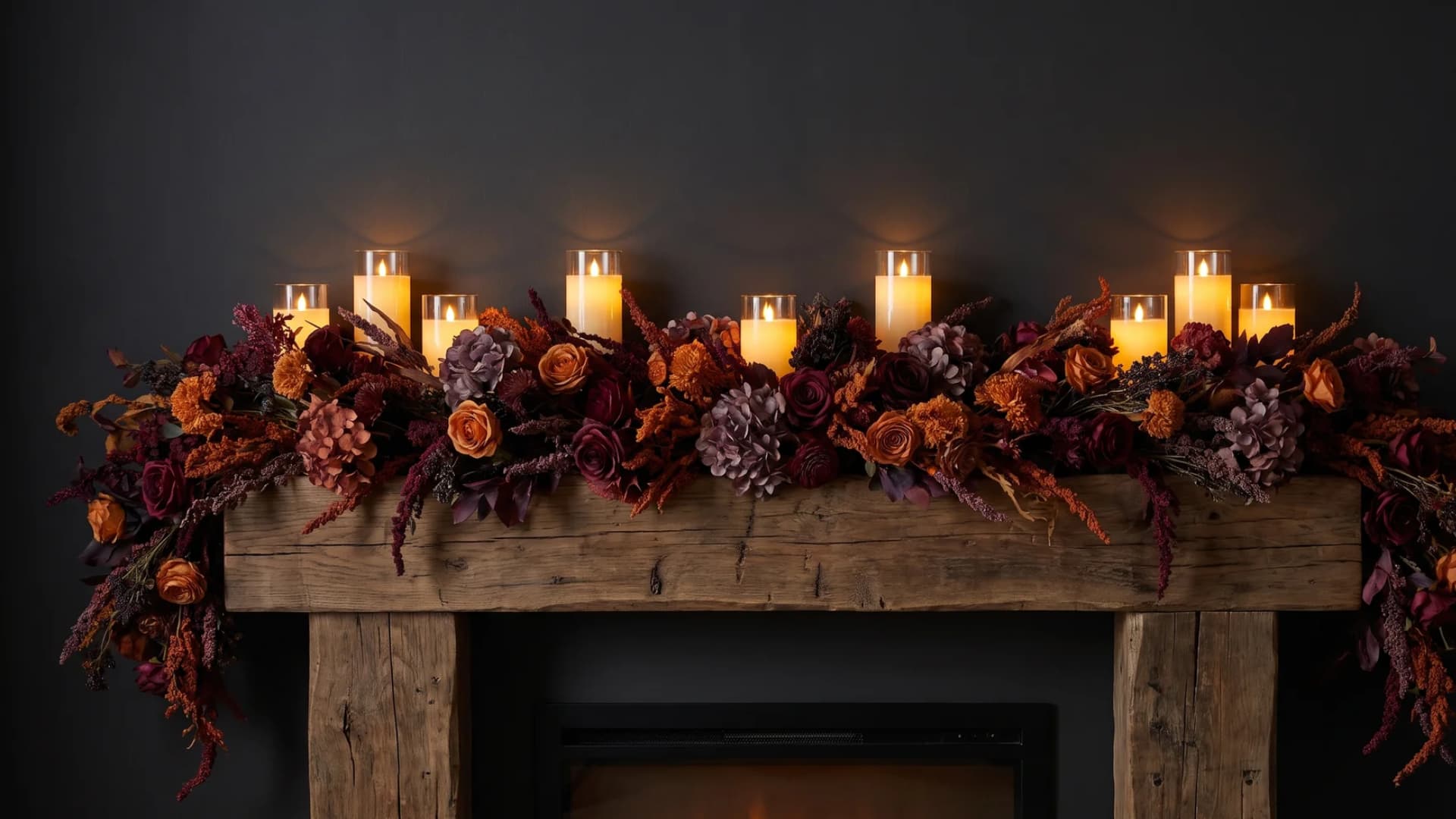 A moody dried floral garland in marigold and deep burgundy tones paired with glowing flameless candles along a mantel.