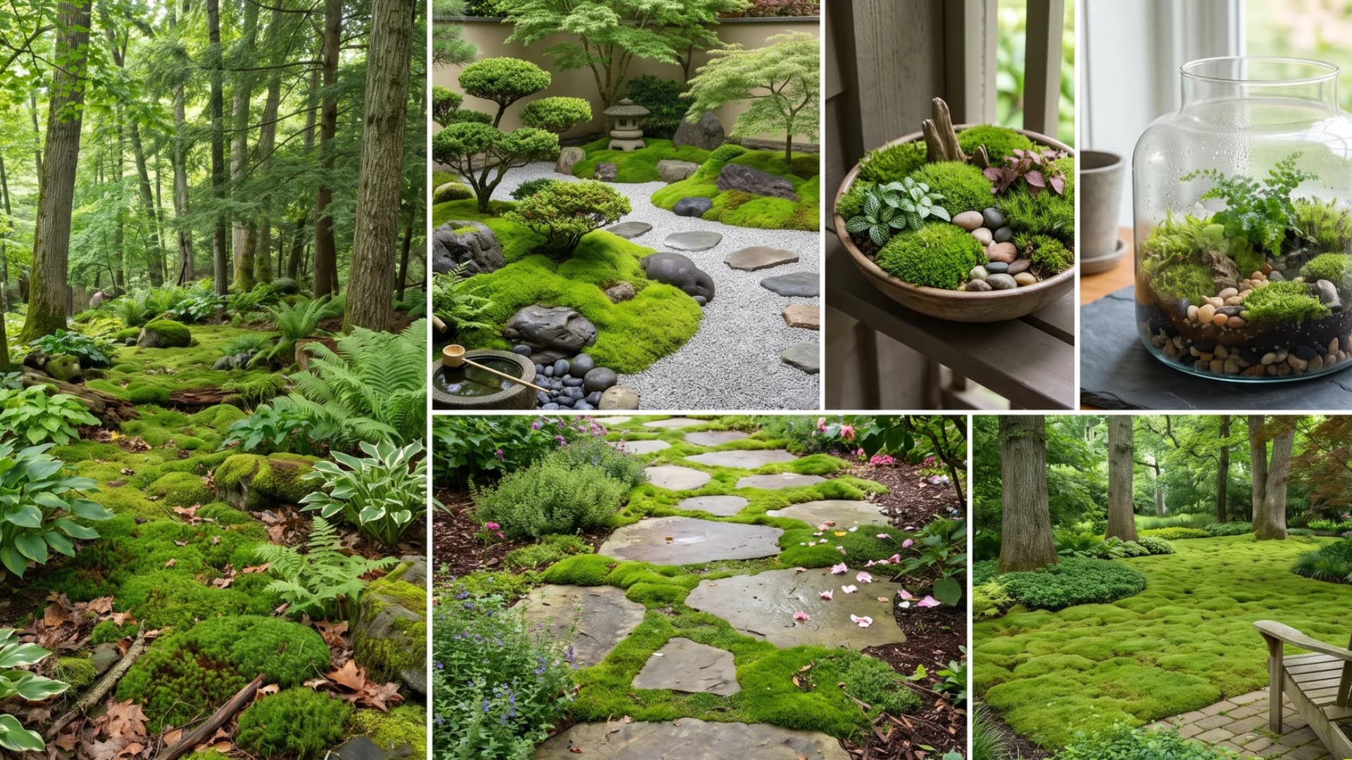 Collage of moss garden designs featuring a mossy stone pathway, a zen rock garden, and a moss terrarium.