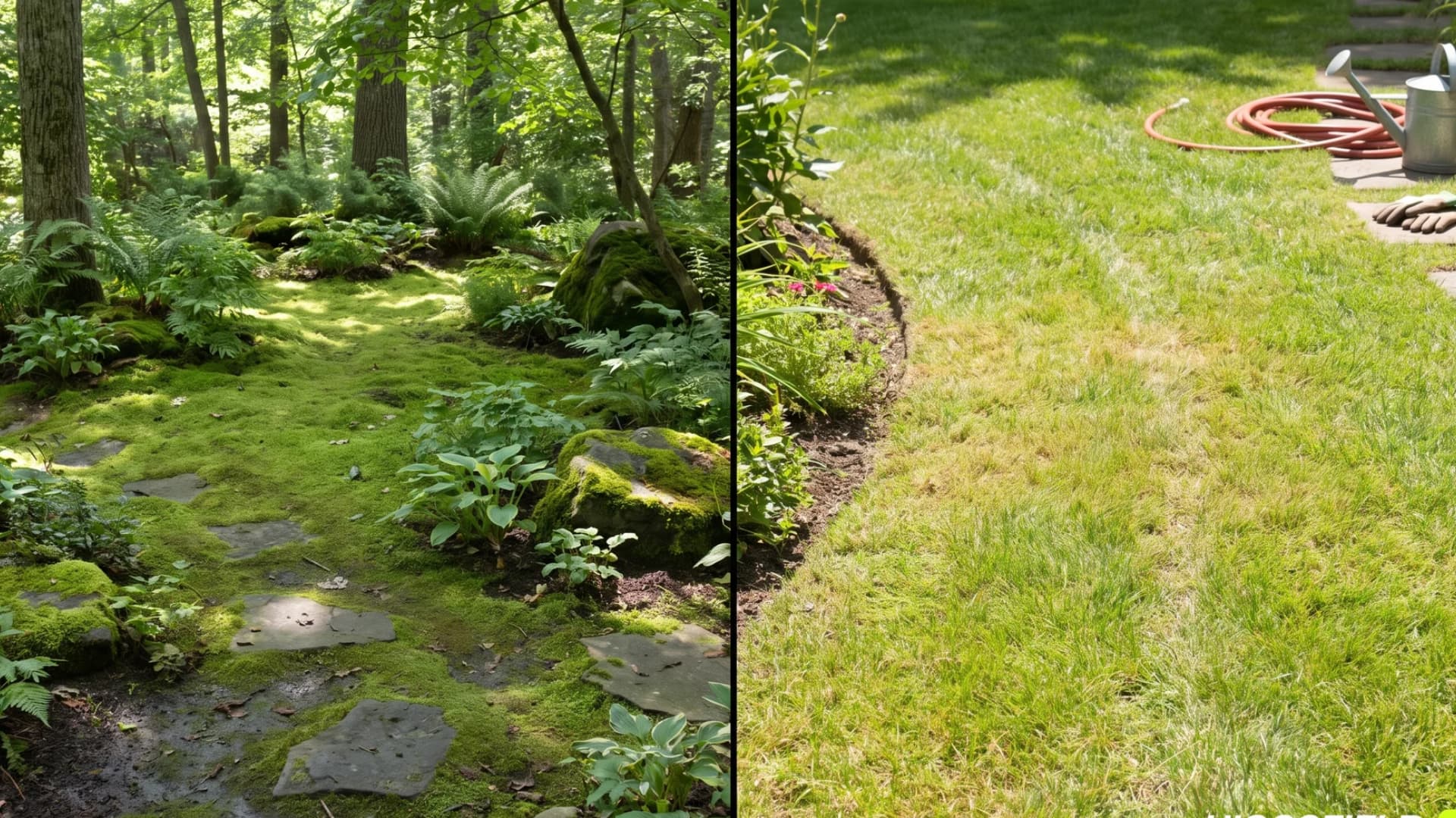 Side-by-side comparison of a soft green moss garden groundcover on the left and a traditional manicured grass lawn on the right.