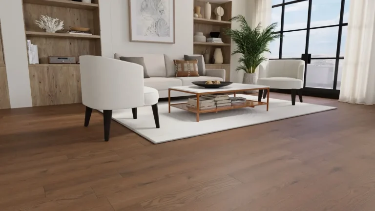 Contemporary living room with beige armchairs, wooden coffee table, and large window with curtains