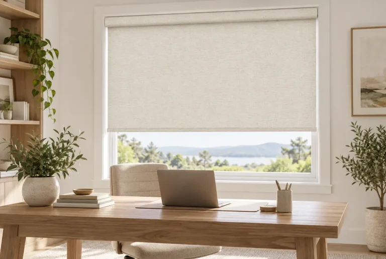 Laptop on wooden desk in bright home office with large window and greenery