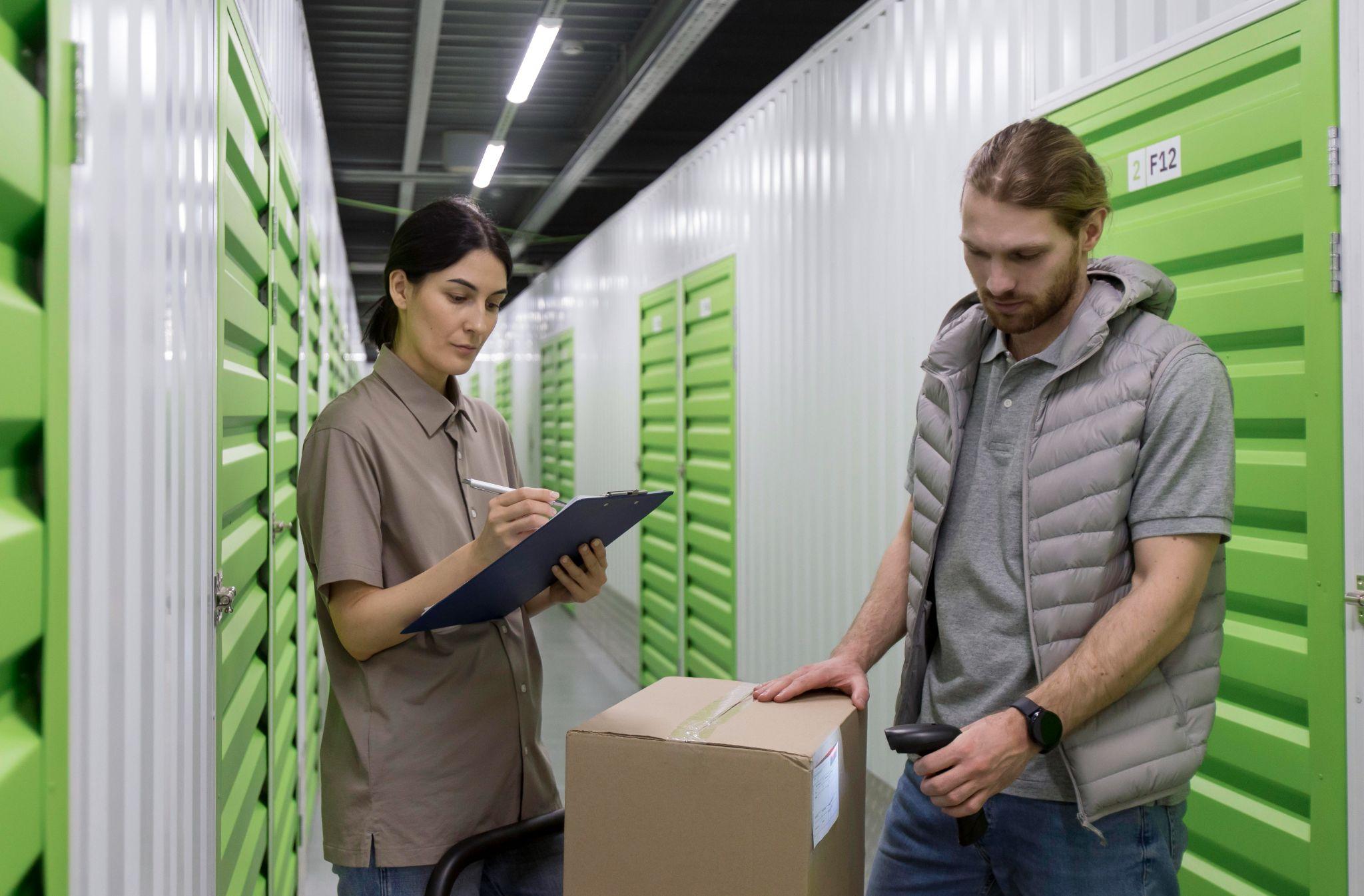 Warehouse workers checking inventory with clipboard and scanner in storage facility corridor