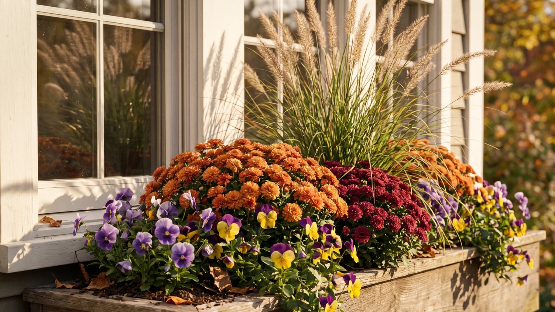 Mums, pansies, and ornamental grass arranged in a colorful fall window box.