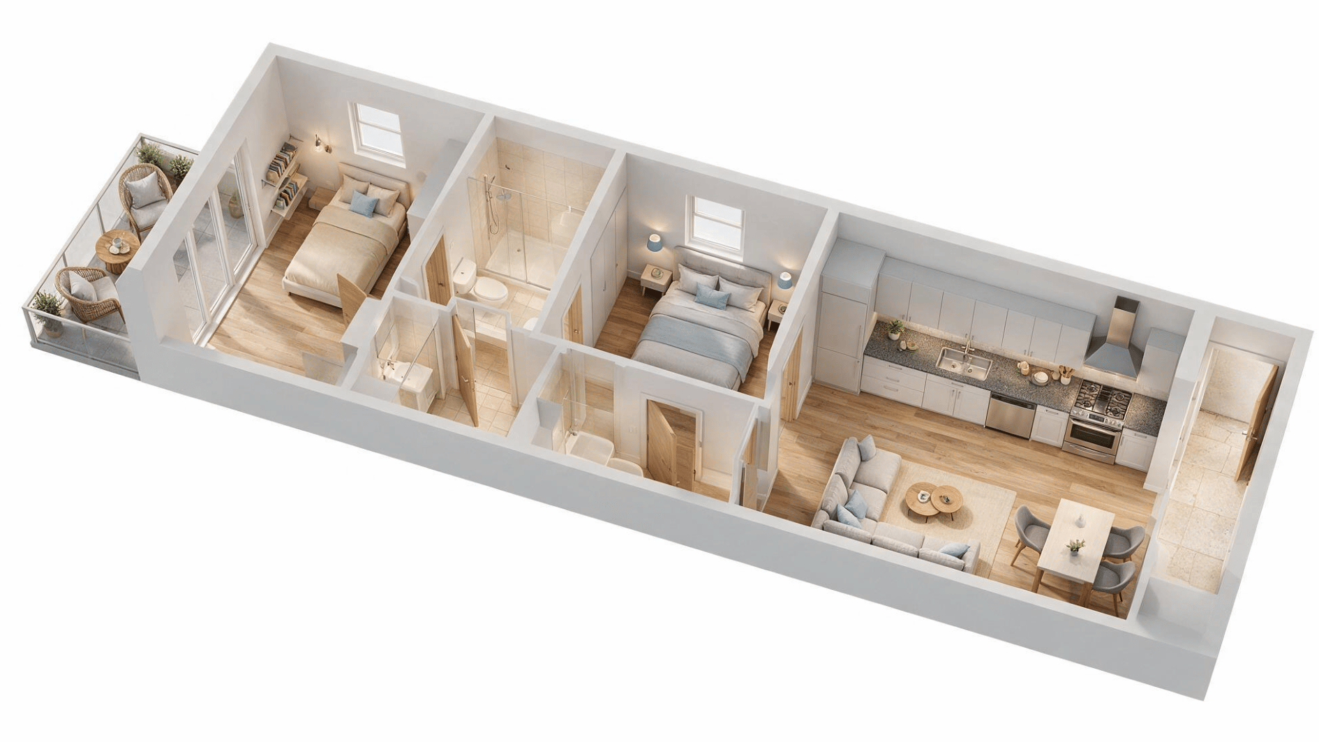 narrow 2 bedroom apartment layout with furnished rooms clear doors windows and efficient circulation