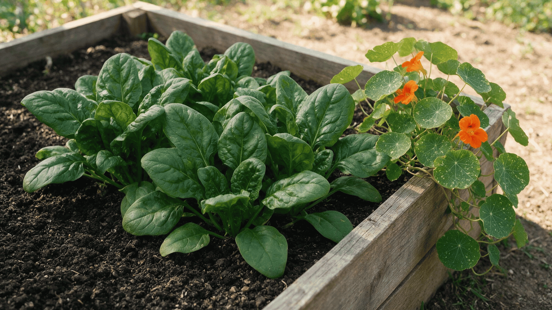 spinach growing beside trailing orange nasturtiums in a raised bed