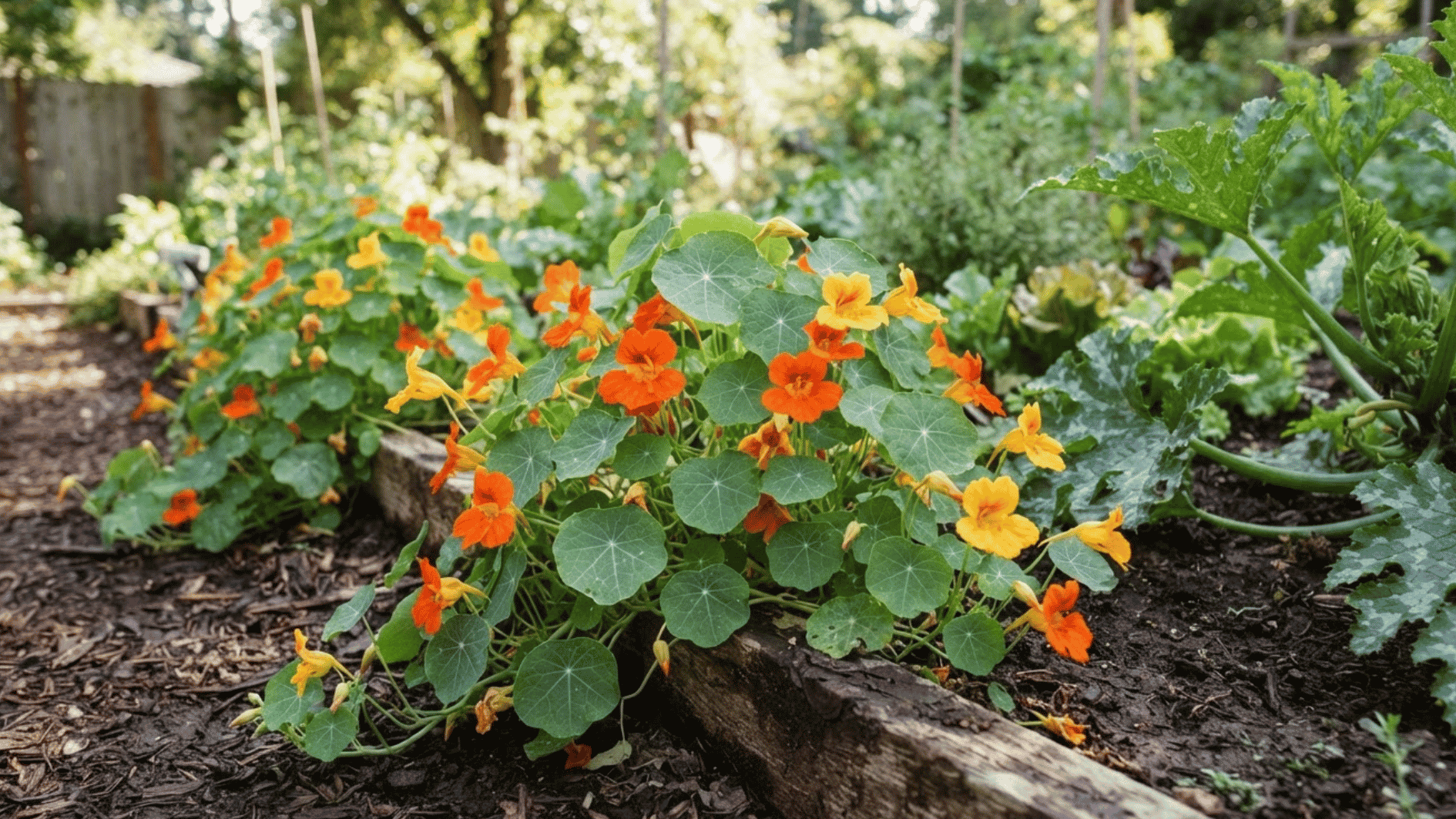 nasturtium flowers trailing along the edge of a garden bed