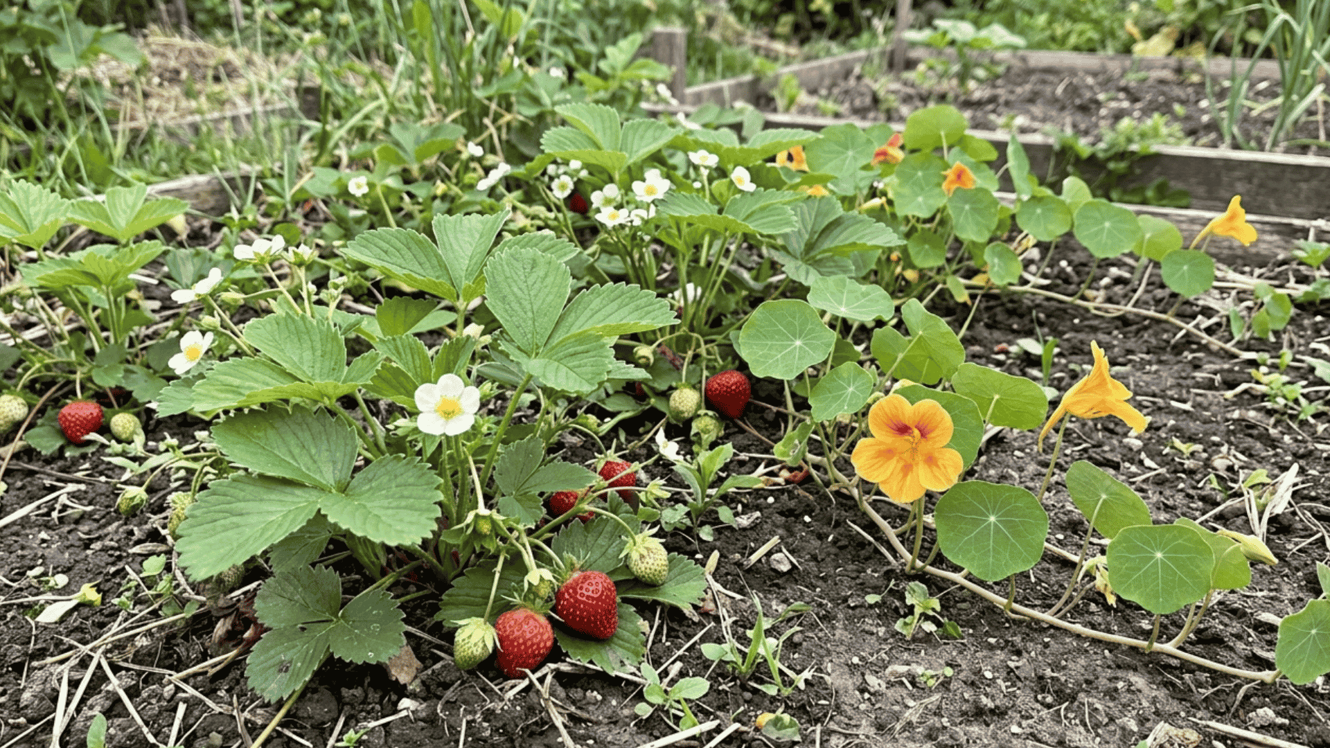 trailing nasturtiums with round leaves and orange flowers growing near strawberries in a garden bed
