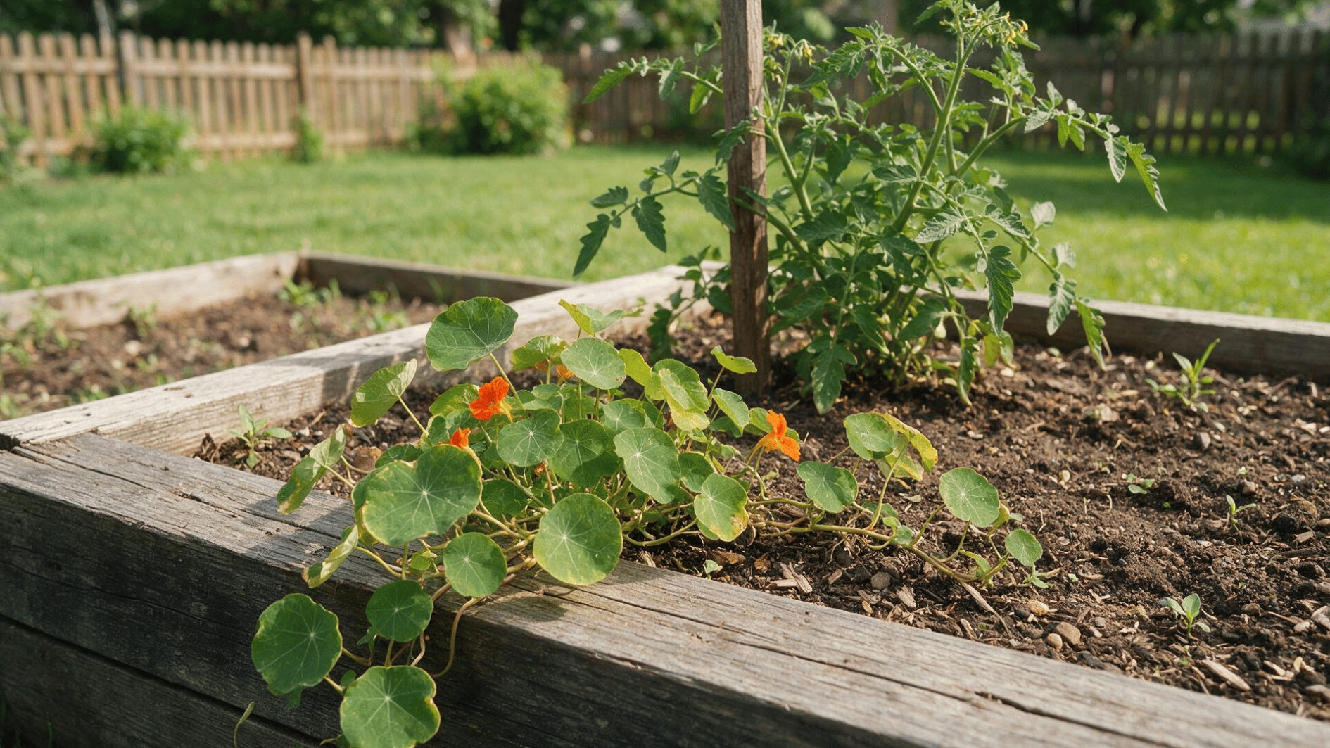 flowering nasturtiums trailing along a raised garden bed beside healthy tomato plants
