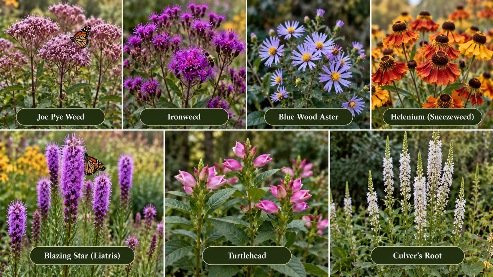 A collage of native fall wildflowers including Joe Pye Weed, Ironweed, Blue Wood Aster, Helenium, Blazing Star, Turtlehead, and Culver’s Root.