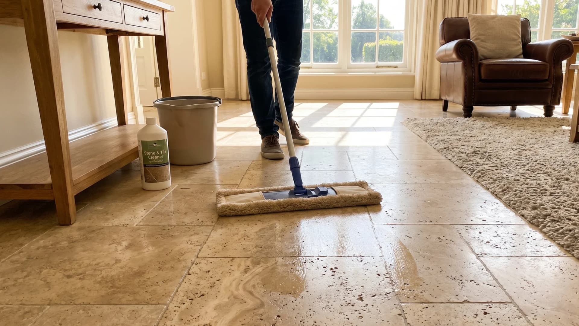 Cleaning a natural marble stone floor using a damp mop.