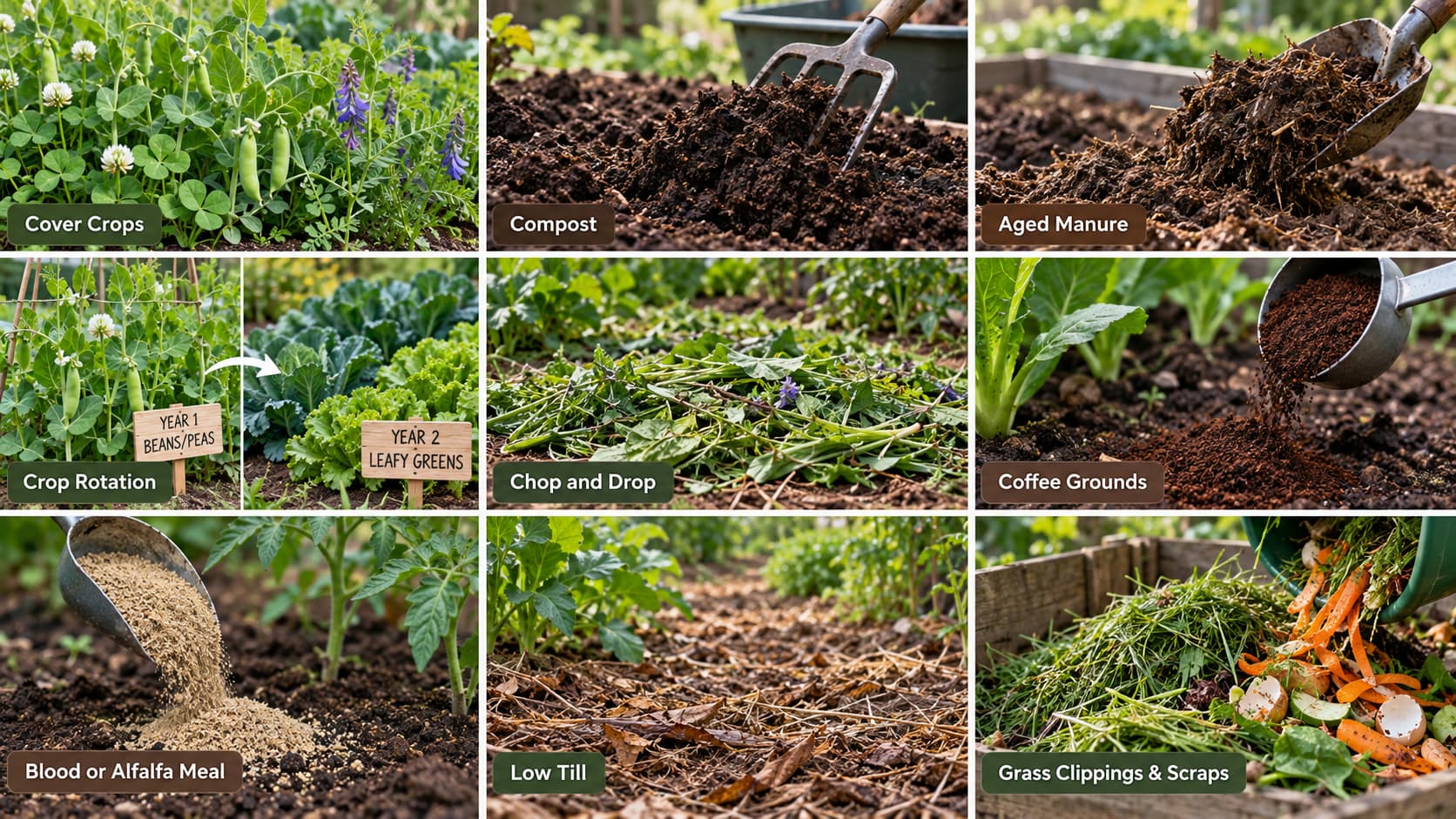 Nine-panel collage displaying natural methods to add nitrogen to soil