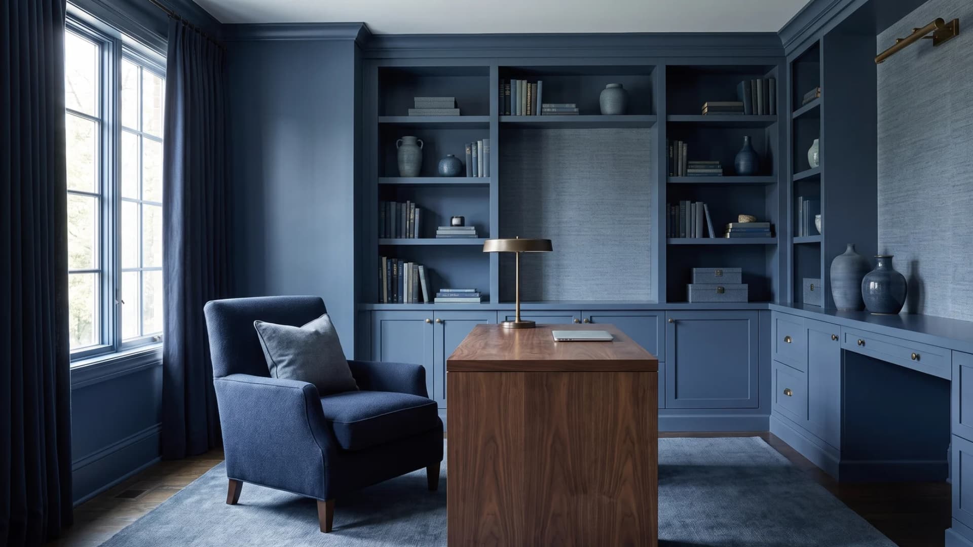Monochromatic navy blue home office with dark painted walls, a walnut desk, and brass accents.