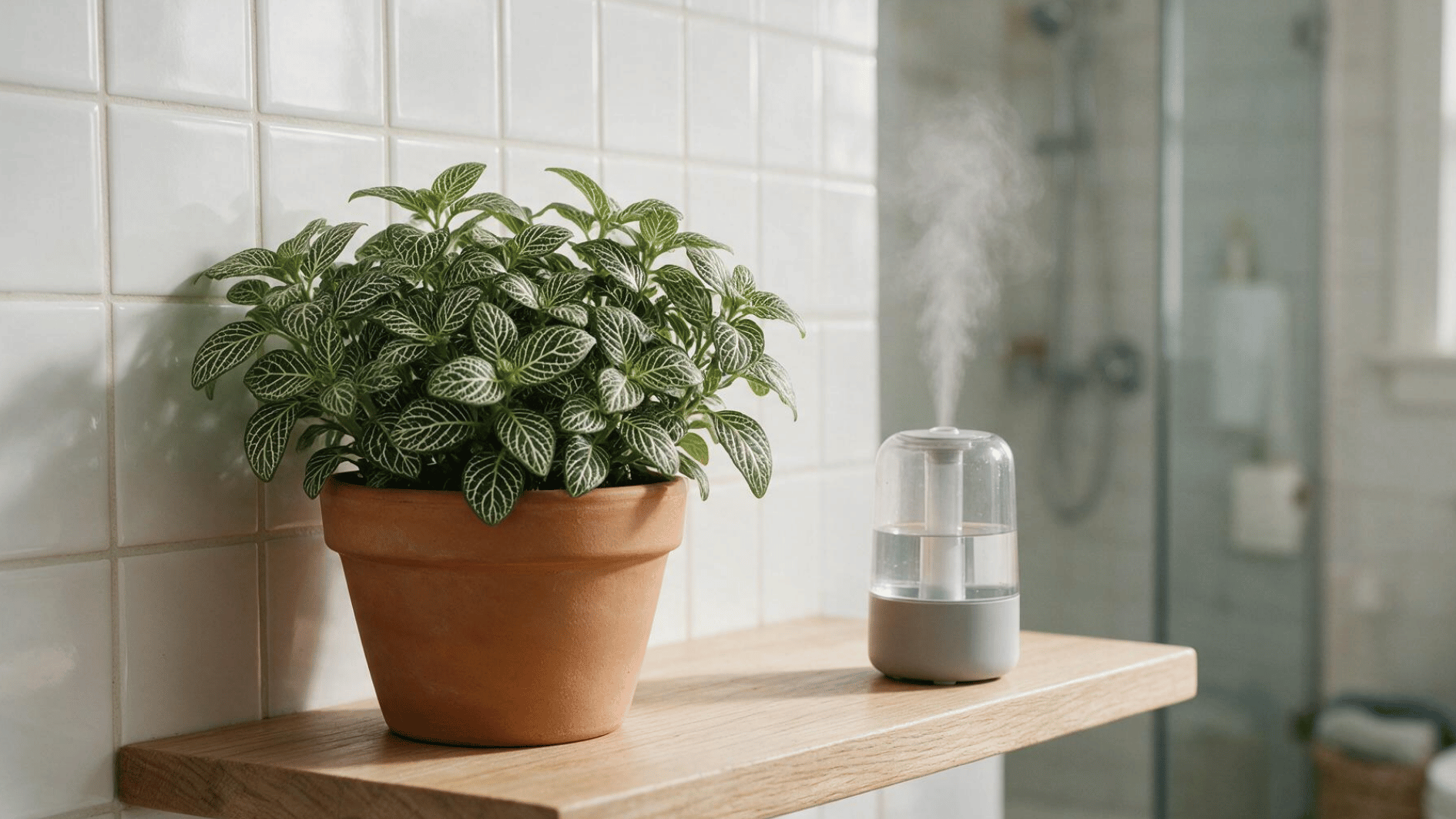 healthy nerve plant in a terracotta pot beside a small humidifier on a bright bathroom shelf