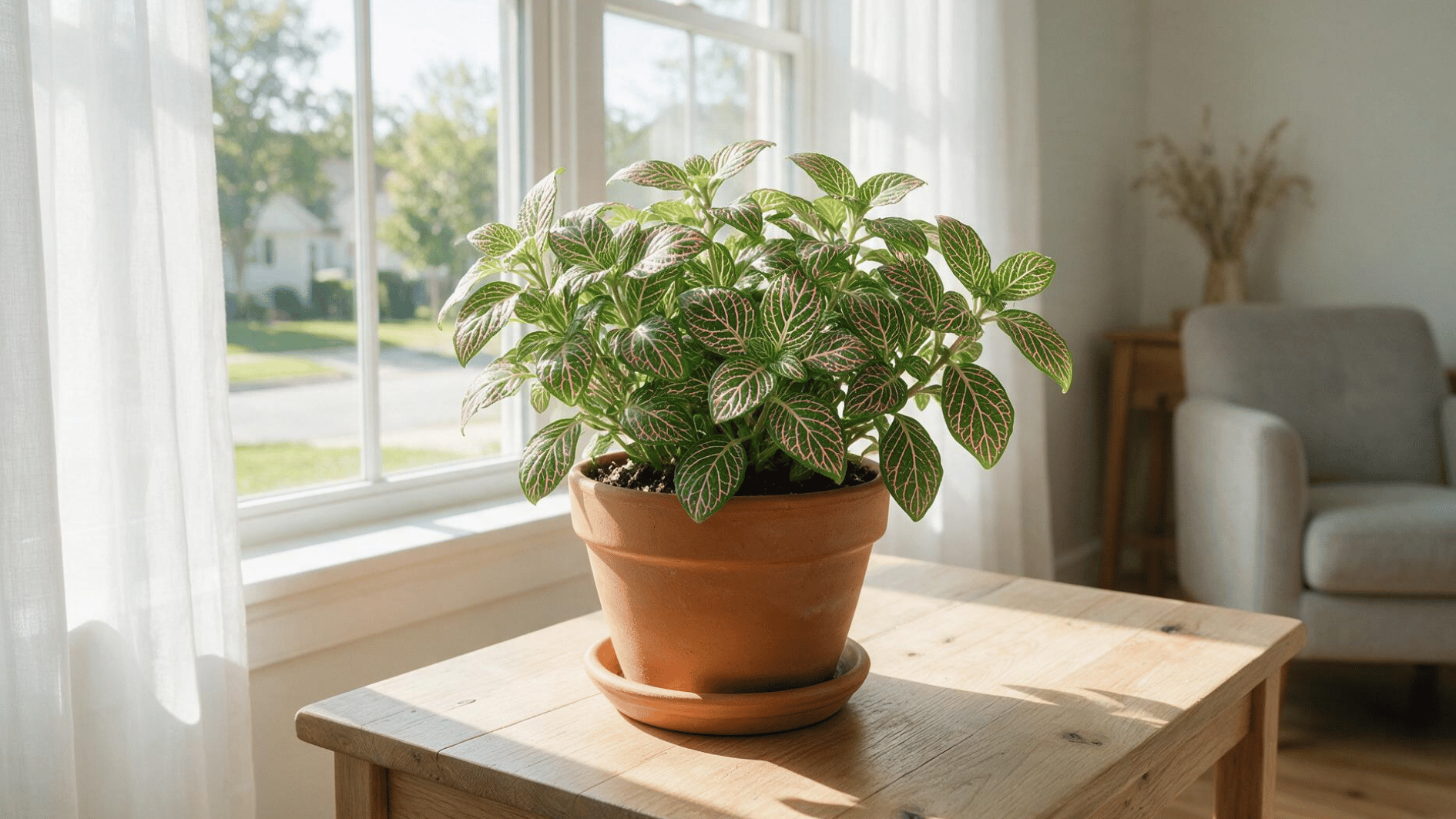 nerve plant with pink-veined leaves in a terracotta pot beside a bright window with soft indirect light