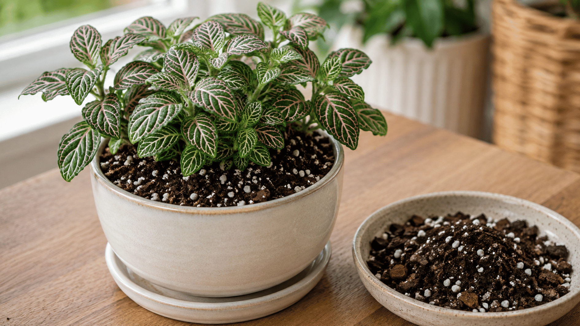 healthy nerve plant in loose potting mix with visible perlite and bark beside a dish of the same soil blend