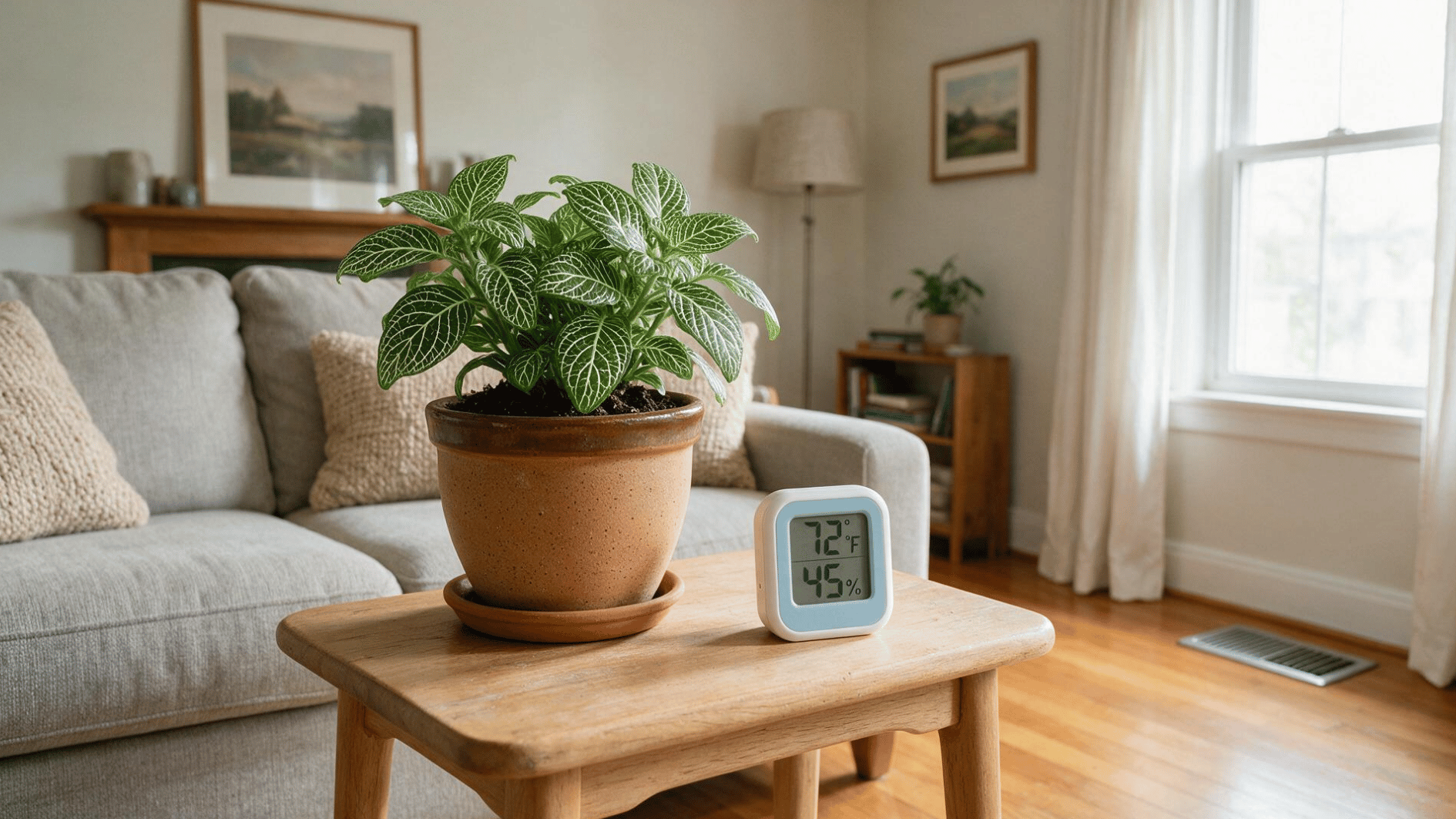 healthy nerve plant beside a digital thermometer showing 72°F in a bright indoor living room