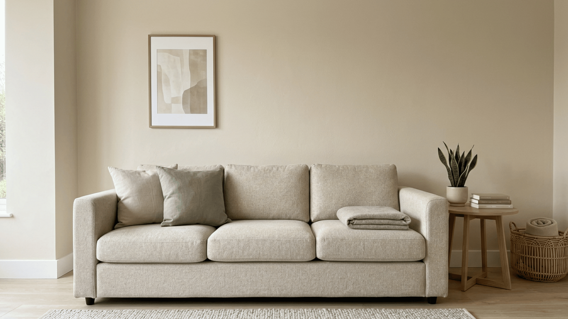 neutral living room with beige walls and simple decor for a clean video call background