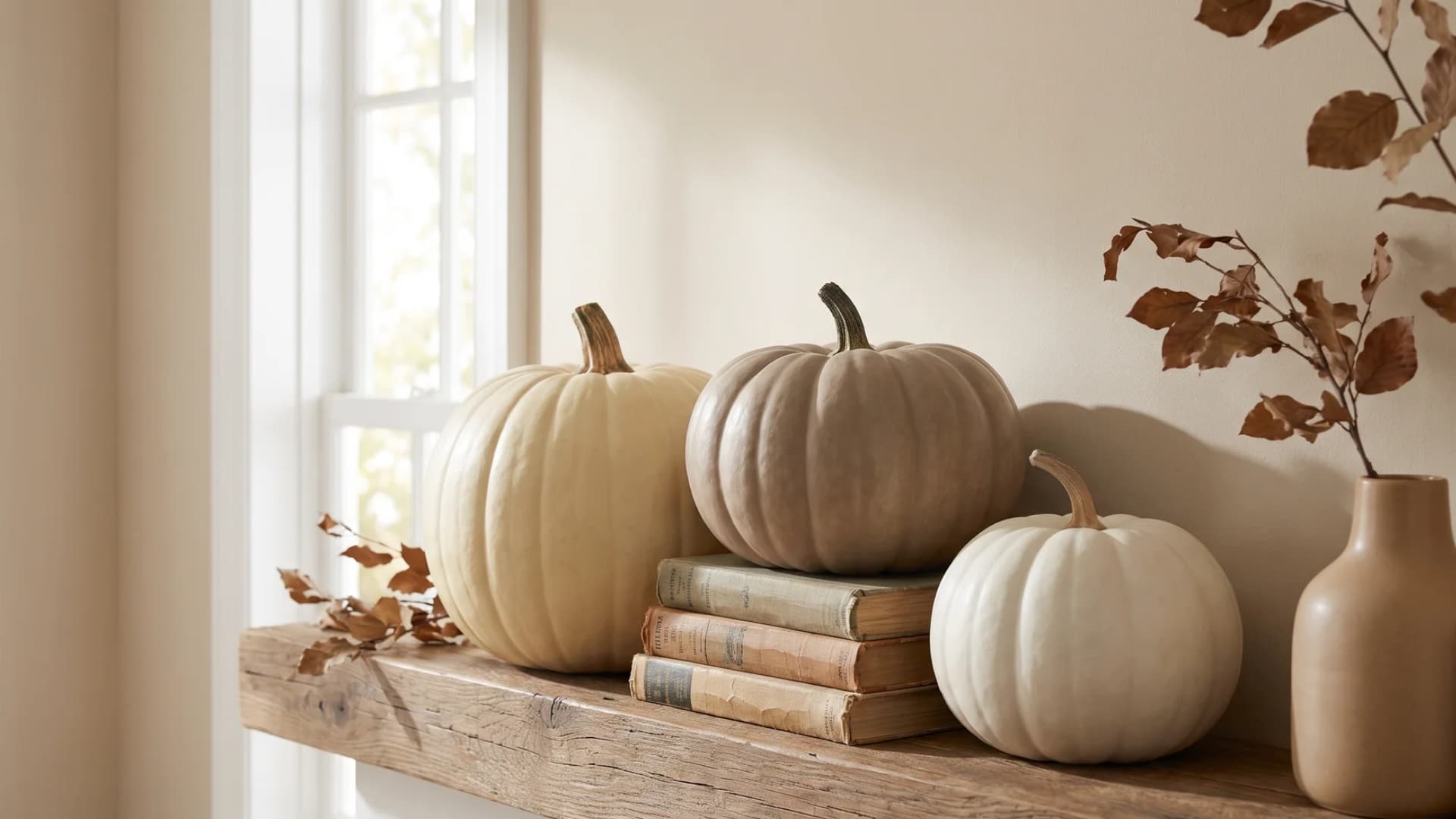 A trio of neutral-toned pumpkins in cream, taupe, and white resting on stacked vintage books and a wooden mantel.